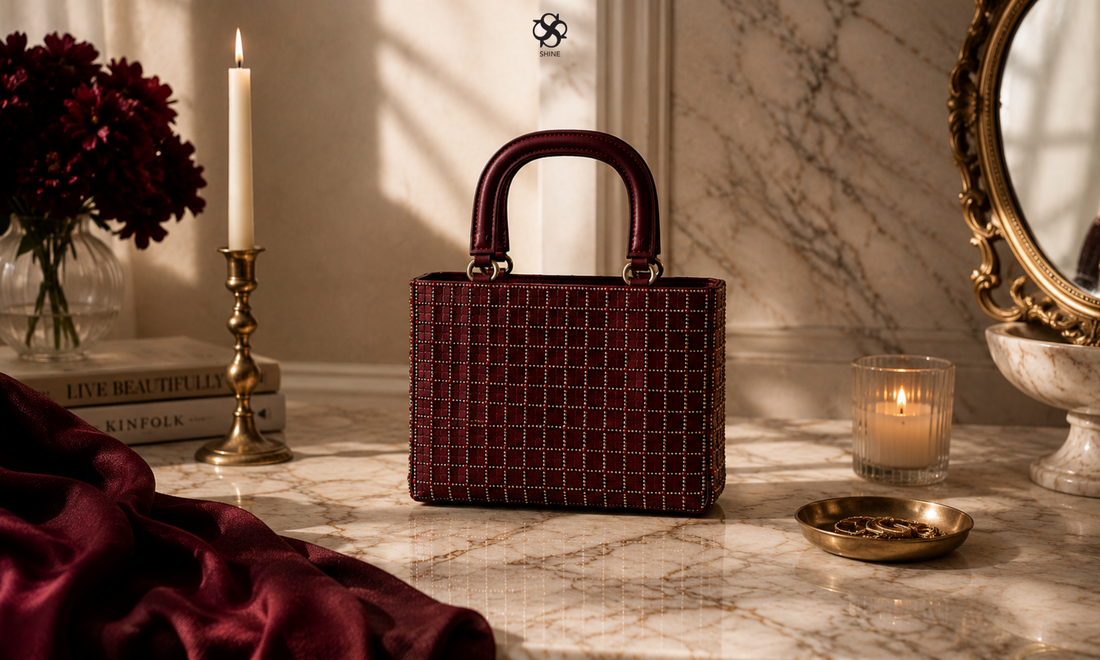 Valentina burgundy hand embroidered structured mini tote by The House of Shine styled on a marble tabletop with candlelight and luxury accessories.