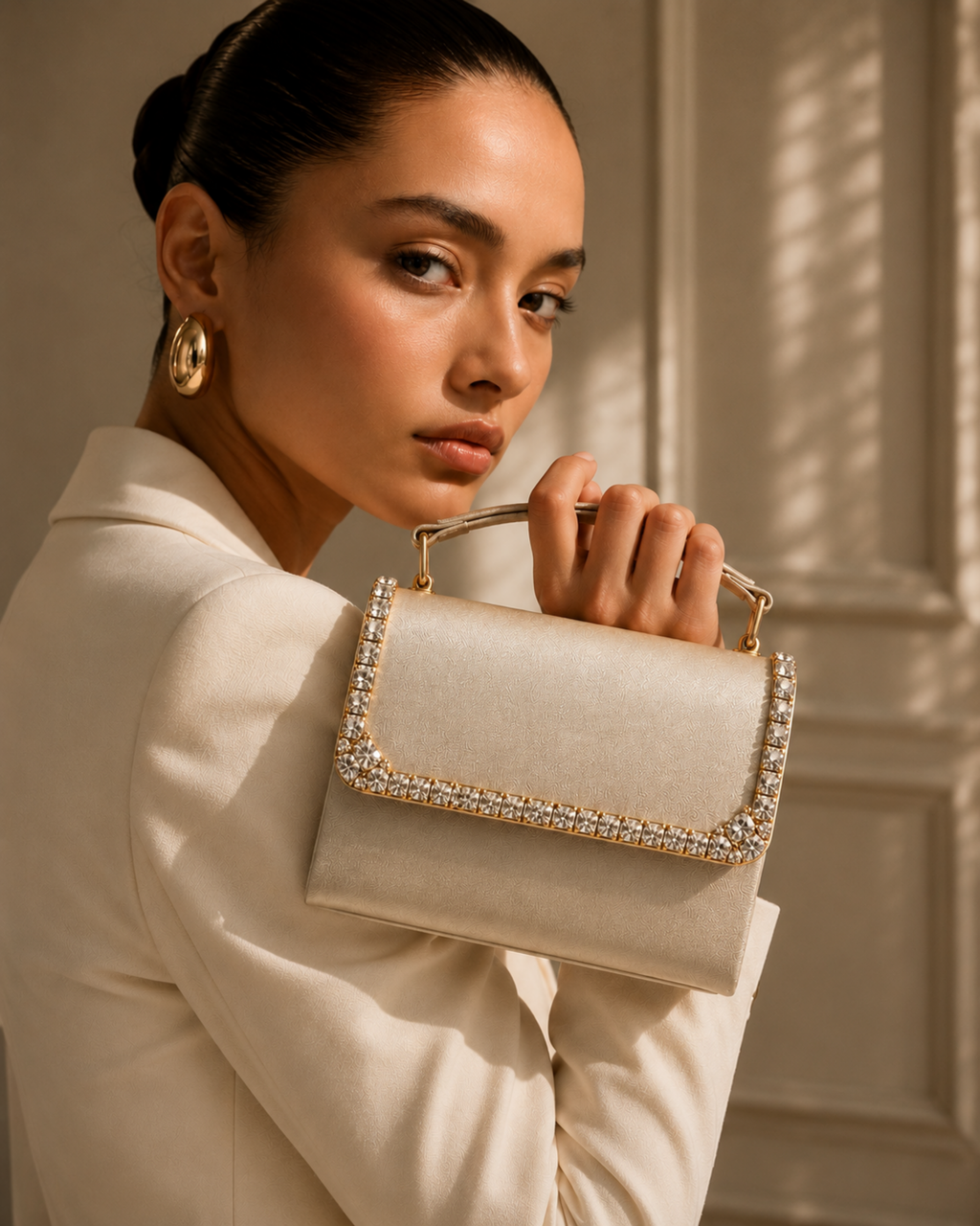 Model in ivory blazer looking back over her shoulder holding Bare Silk crystal-embellished mini top-handle bag by House of Shine, gold hoop earrings, gold-polished hardware, saffiano exterior, Bijou Edit.