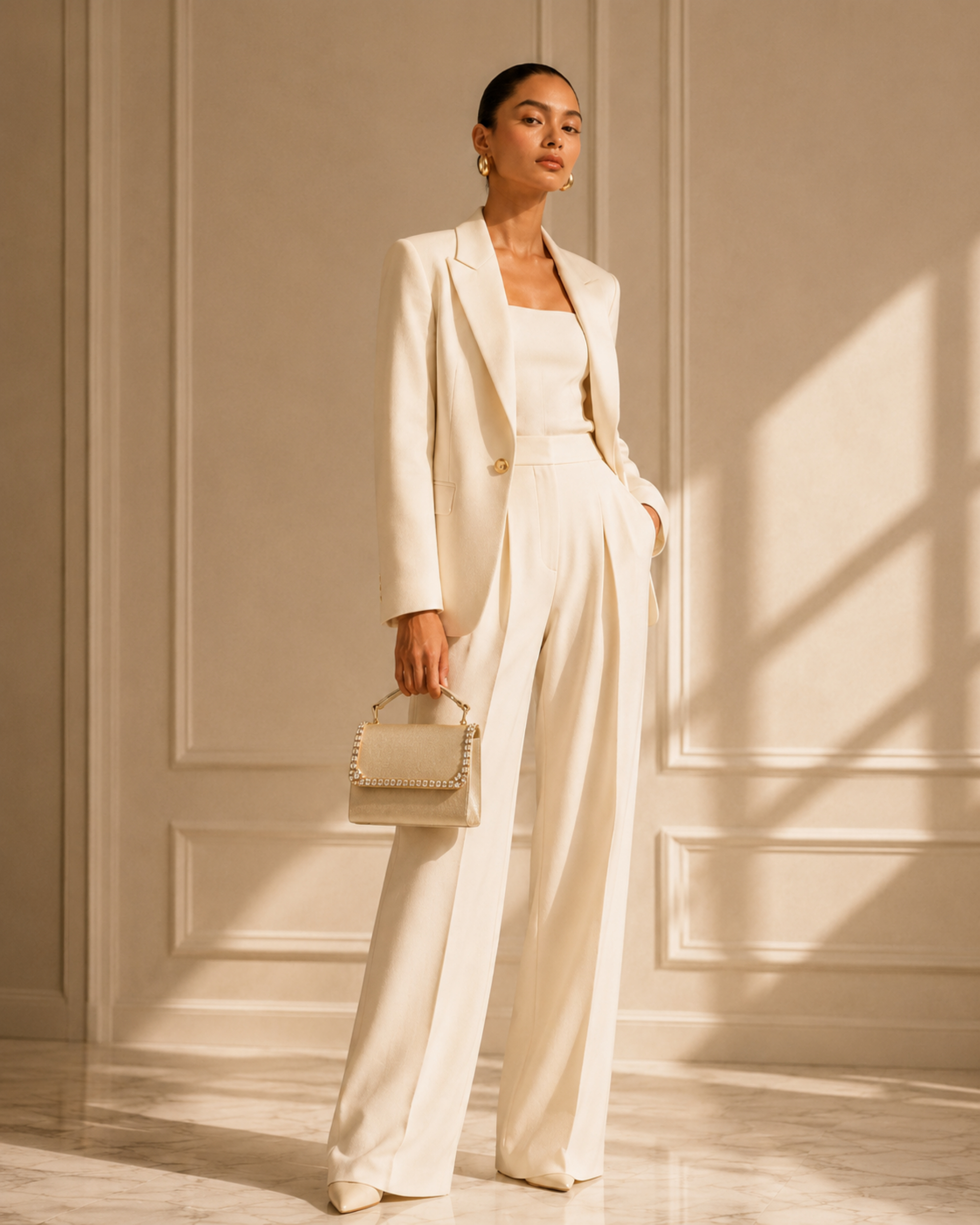 Model in ivory power suit and wide-leg trousers carrying Bare Silk crystal-embellished mini top-handle bag by House of Shine at her side, gold hoop earrings, gold-polished hardware, saffiano exterior, Bijou Edit.