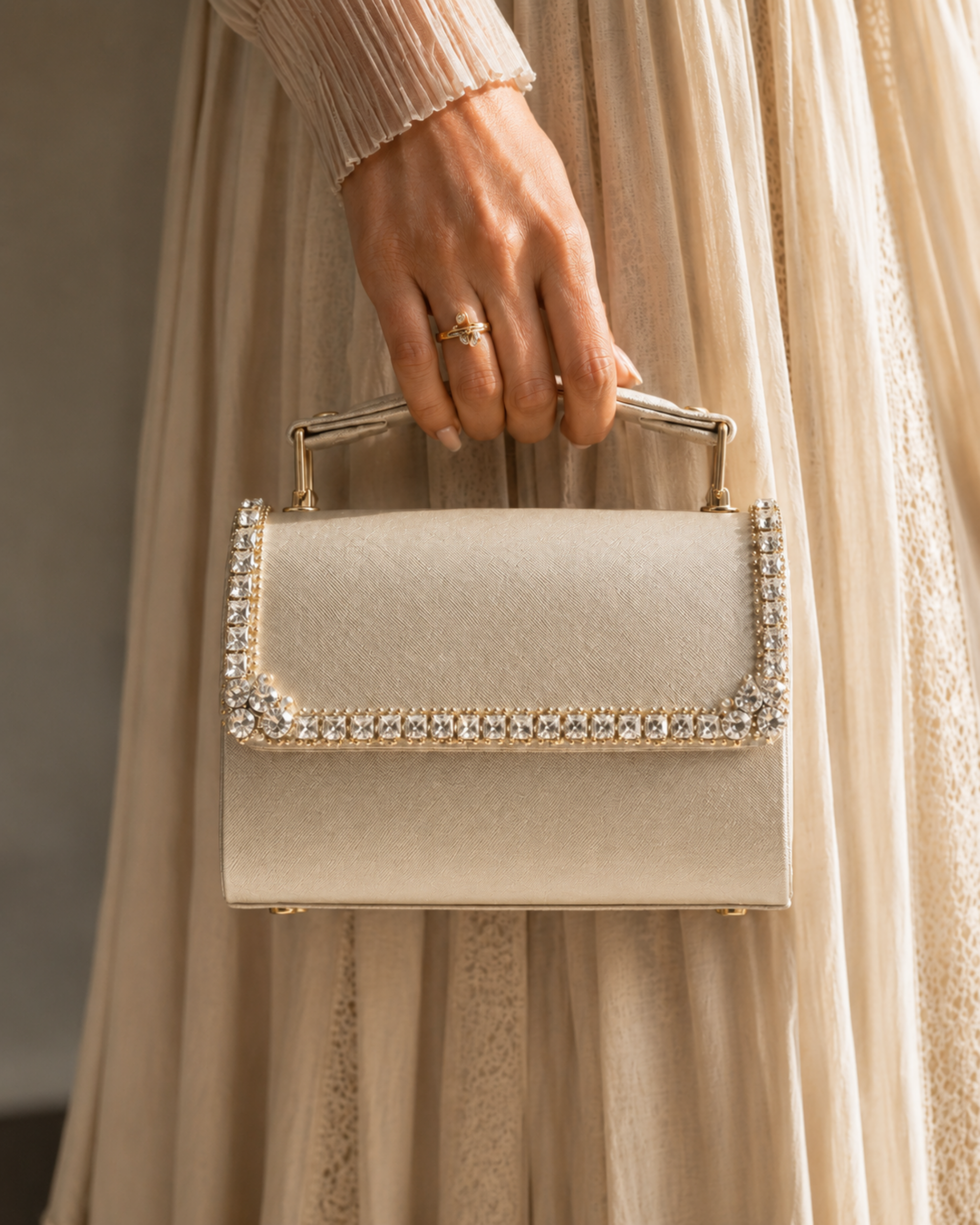 Model in champagne tulle dress holding Bare Silk crystal-embellished mini top-handle bag by House of Shine, gold ring detail, gold-polished hardware, saffiano exterior, Bijou Edit.