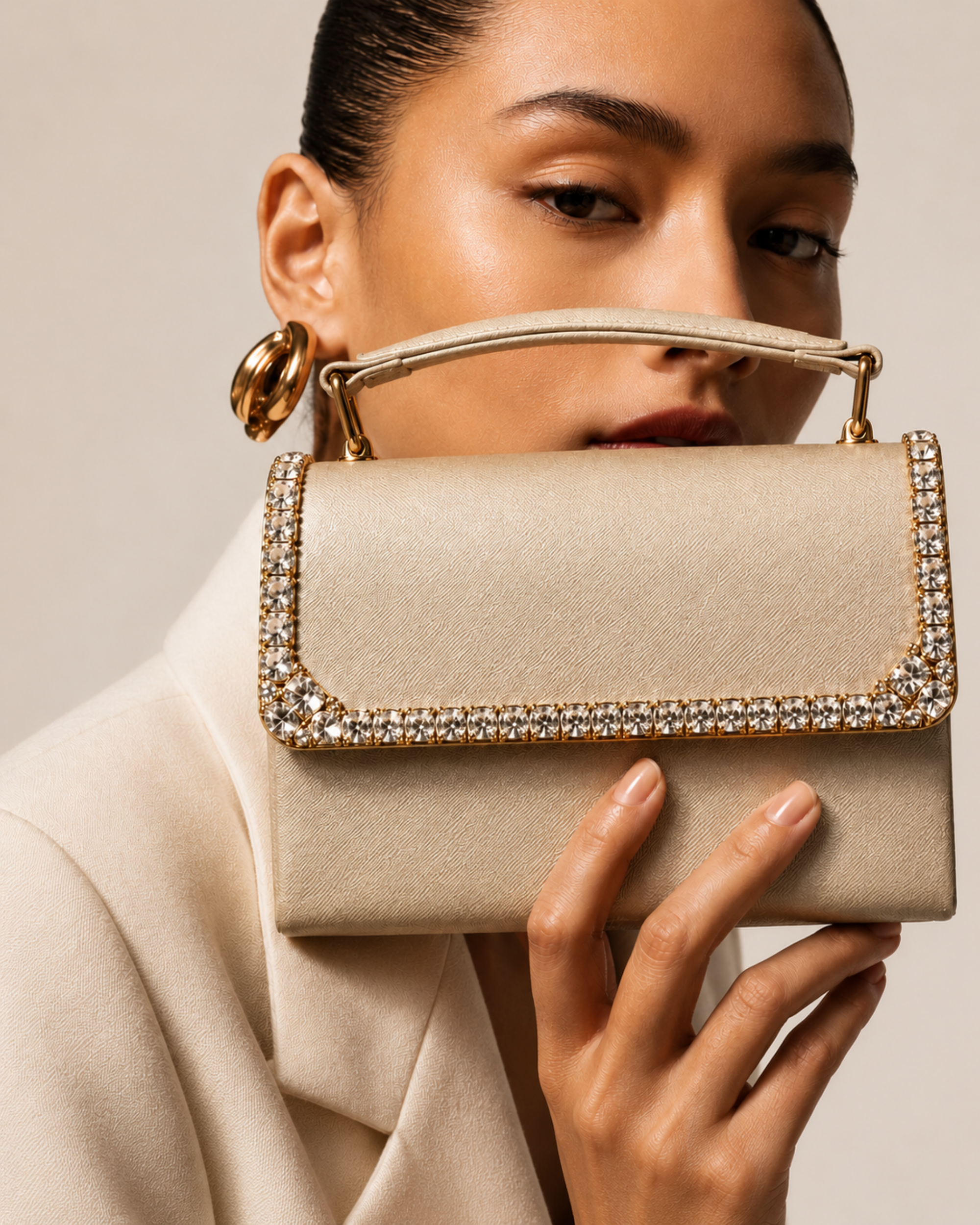 Model in ivory blazer holding Bare Silk crystal-embellished mini top-handle bag by House of Shine up near her face, gold hoop earring, gold-polished hardware, saffiano exterior, Bijou Edit.
