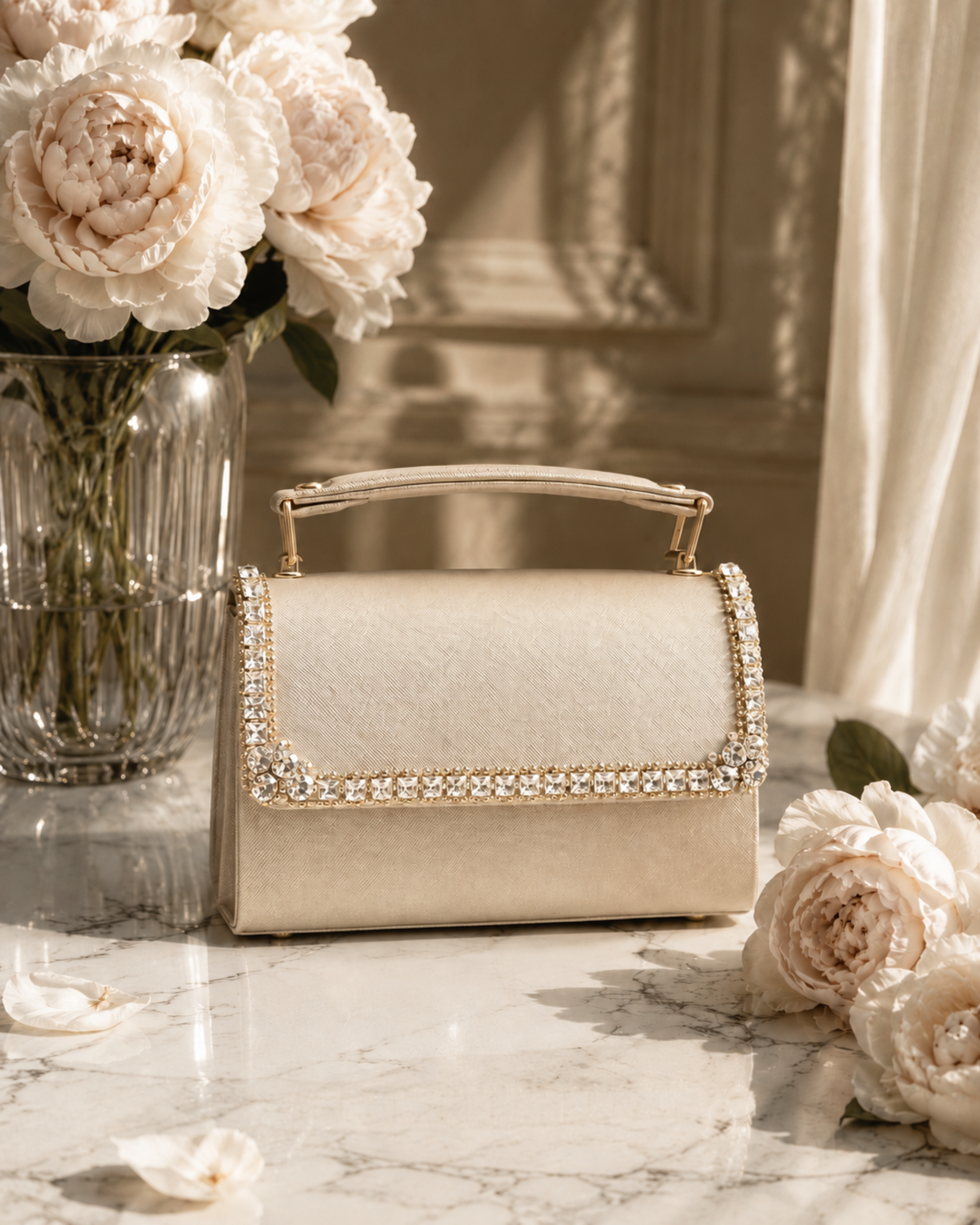 Bare Silk crystal-embellished mini top-handle bag by House of Shine, styled with ivory peonies and crystal vase on marble, gold-polished hardware, saffiano exterior, Bijou Edit.
