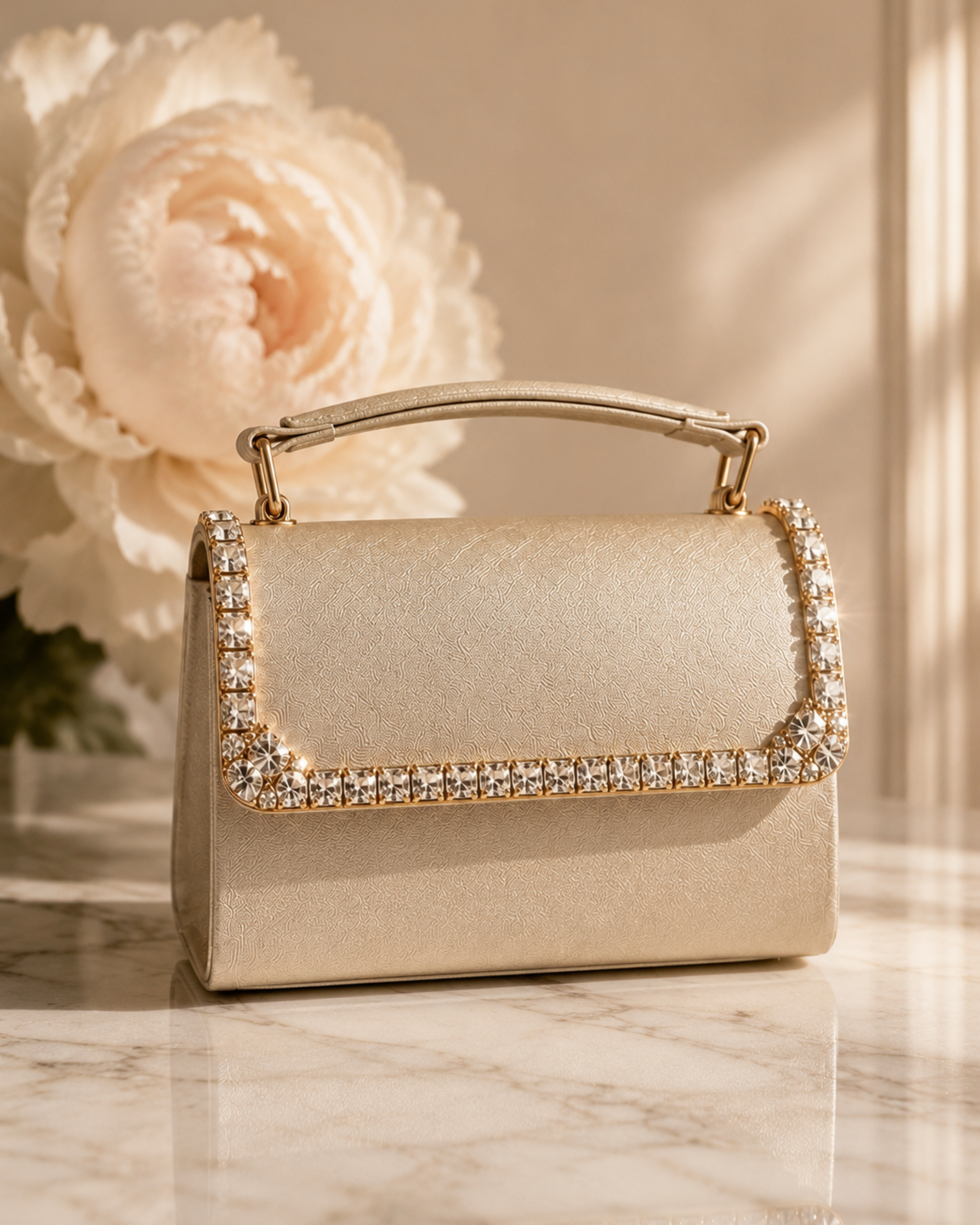 Bare Silk crystal-embellished mini top-handle bag by House of Shine, styled against a blush peony on marble, gold-polished hardware, saffiano exterior, Bijou Edit.