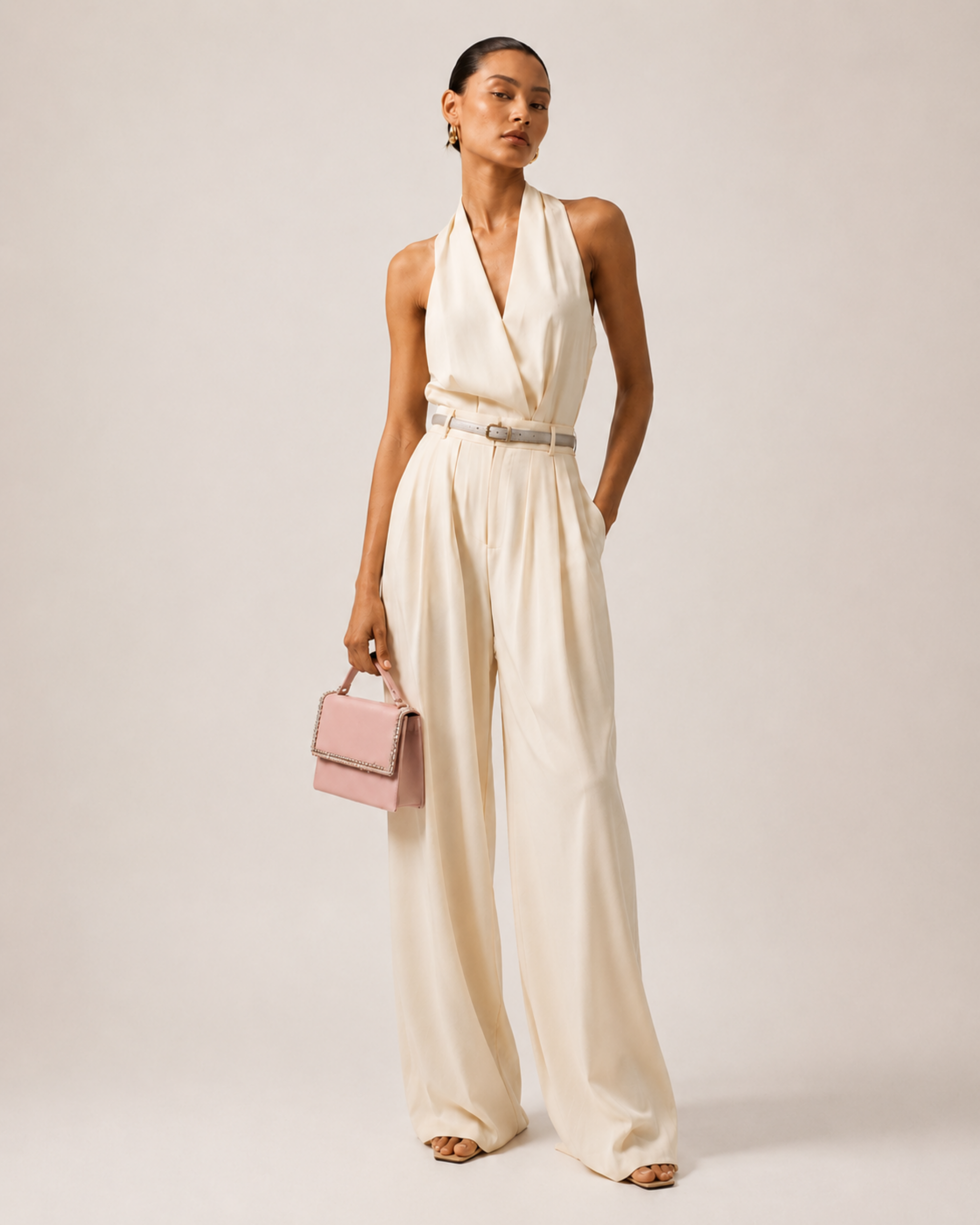 Model in ivory wide-leg halter jumpsuit carrying blush pink crystal mini top handle bag by The House of Shine Bijou Edit