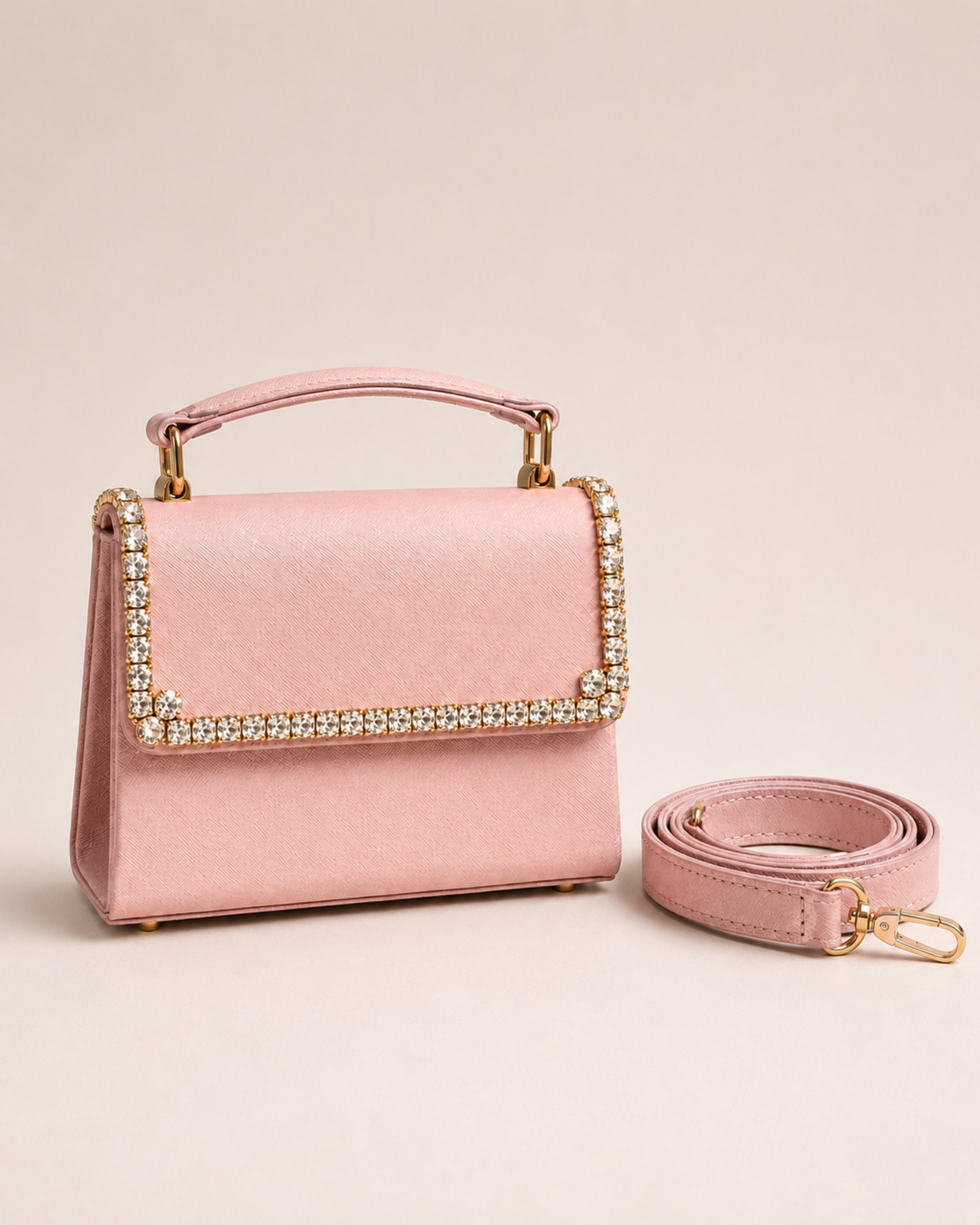 Blush pink satin mini top handle bag with crystal trim flap and detachable shoulder strap laid beside it, The House of Shine Bijou Edit