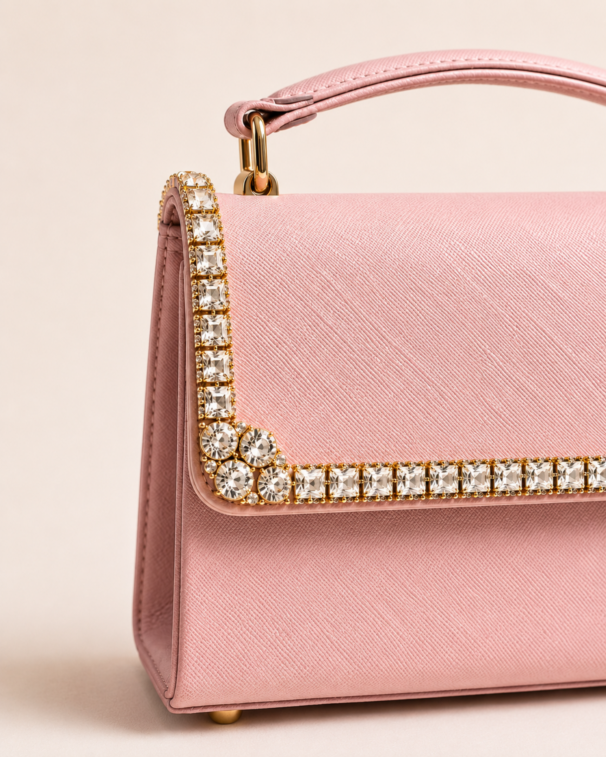 Close-up of crystal embellishment detail on blush pink top handle bag flap, featuring square and round cut crystals in gold setting, The House of Shine Bijou Edit