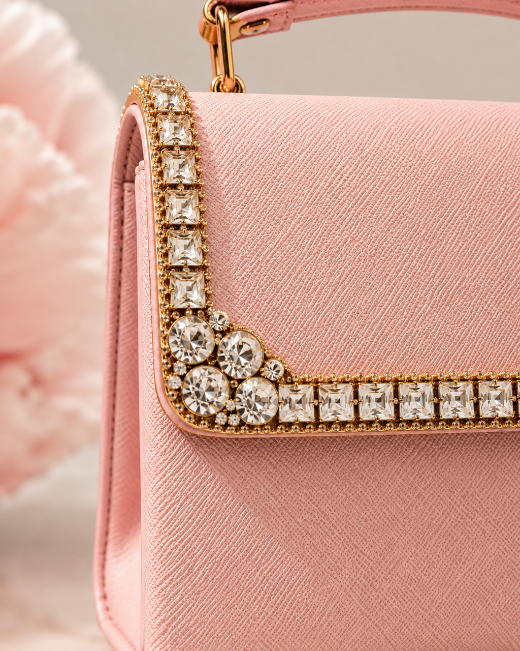 Macro detail of crystal-embellished flap corner with mixed square and round cut crystals in antique gold setting against blush pink saffiano fabric, The House of Shine Bijou Edit