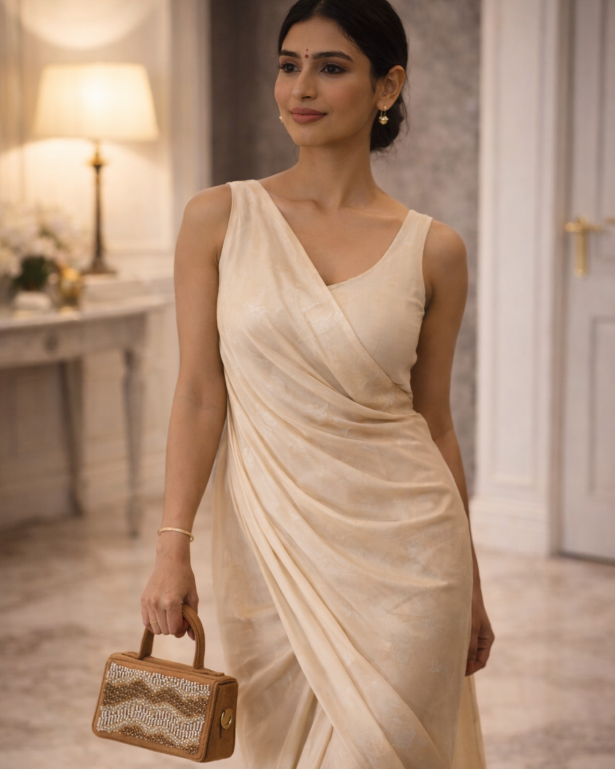 Model in ivory silk saree carrying Boho caramel hand-embroidered satchel by House of Shine as top handle bag