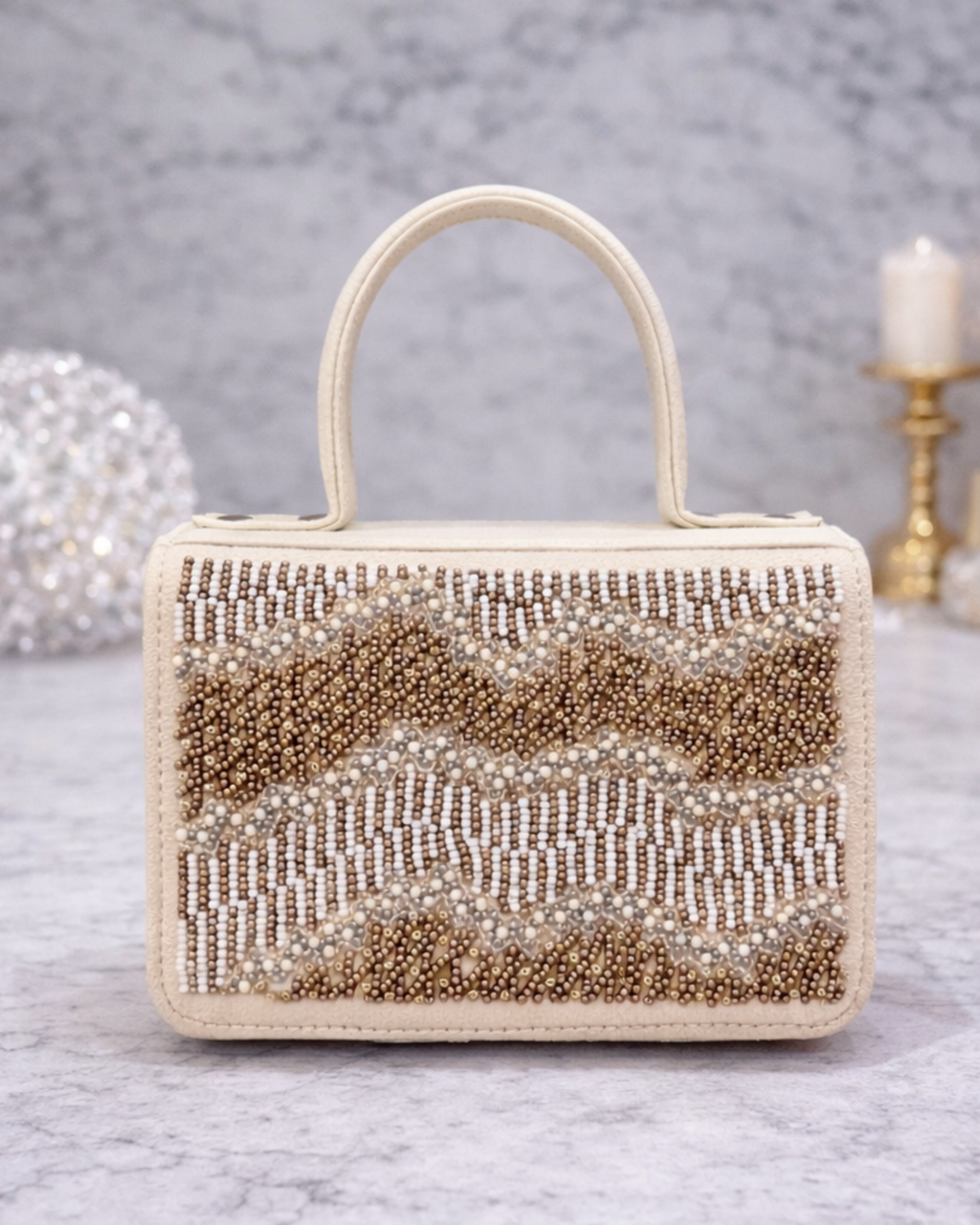 Boho ivory butter suede beaded satchel by House of Shine side view on white background showing structured silhouette and gold hardware.