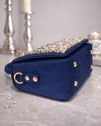 Estrella midnight navy butter suede satchel by House of Shine bottom view showing gold stud hardware and ring detail with rhinestone embellished flap