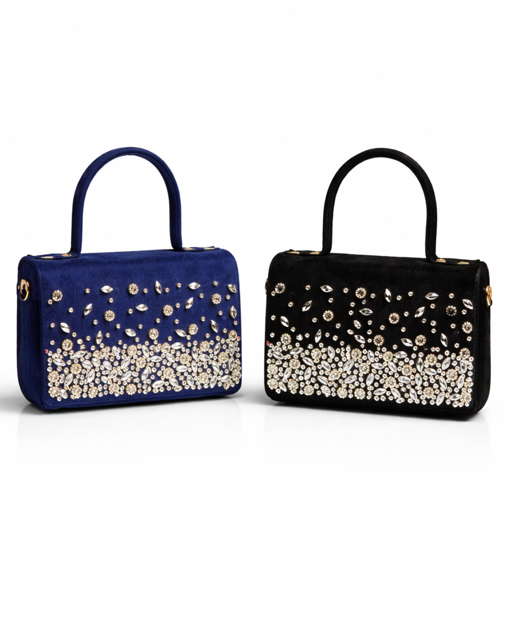 Estrella satchel by House of Shine in both colourways Midnight navy and Onyx black side by side showing hand-embellished rhinestone cascade on white background