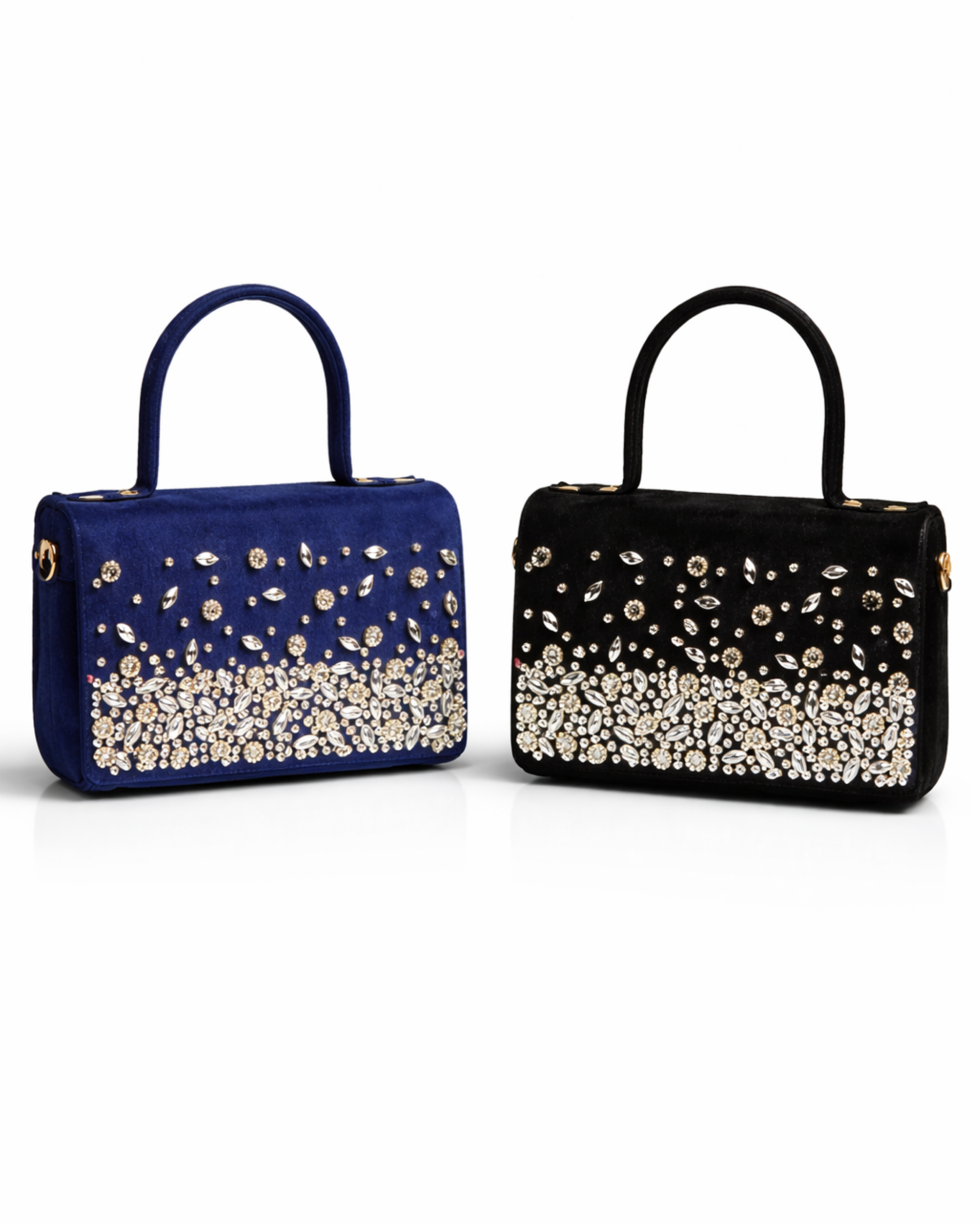 Estrella satchel by House of Shine in both colourways Midnight navy and Onyx black side by side showing hand-embellished rhinestone cascade on white background