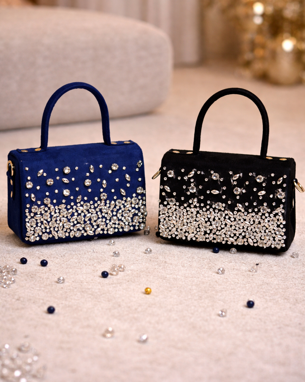 Estrella satchel by House of Shine in Midnight navy and Onyx black both colourways styled on cream surface with scattered crystals and pearls warm gold background