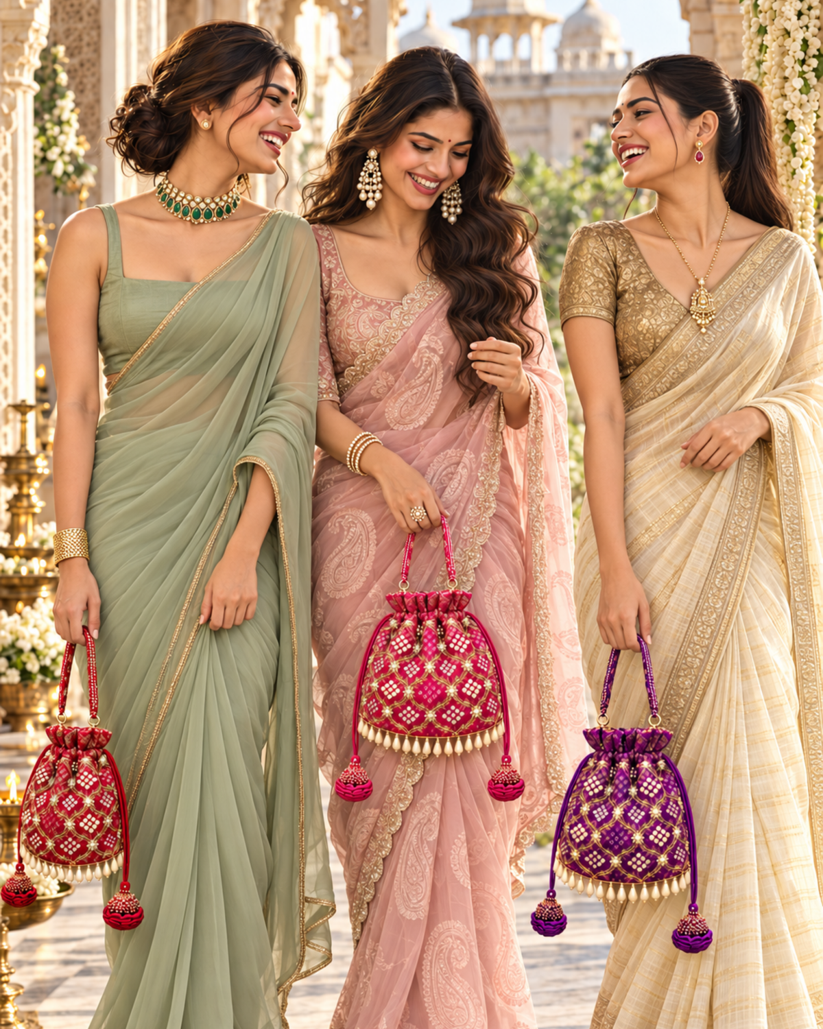 Three women in sarees carrying Gulnaar Bandhej potli bags in red, pink and purple.