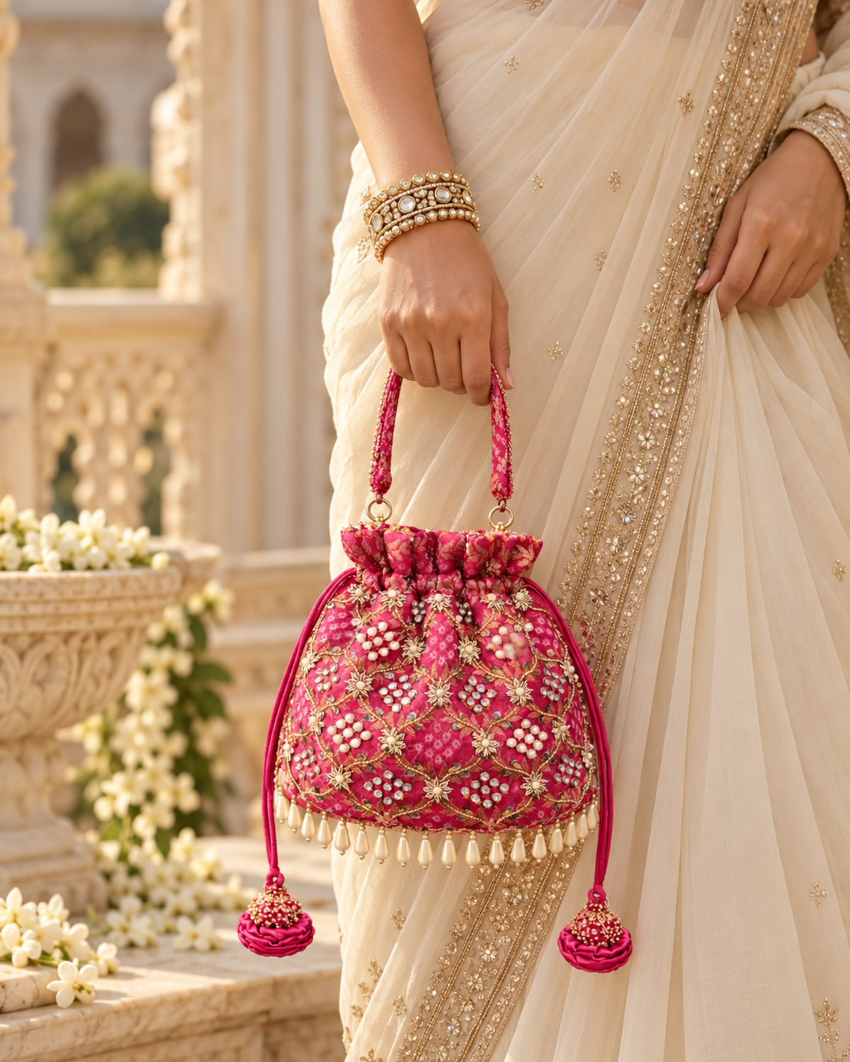 Pink Gulnaar Bandhej potli with pearl embellishments and matching tassels, carried with an ivory saree.