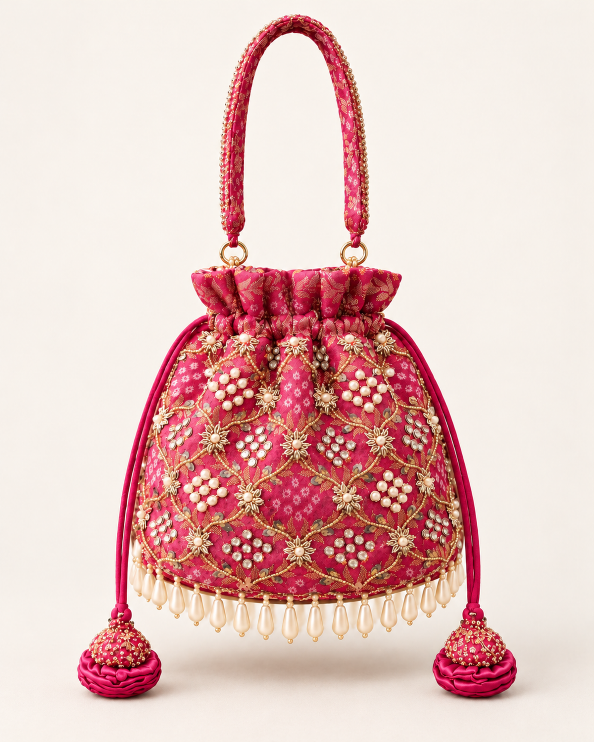 Studio front view of the pink Gulnaar Bandhej potli with gold embroidery, pearl detailing and matching tassels
