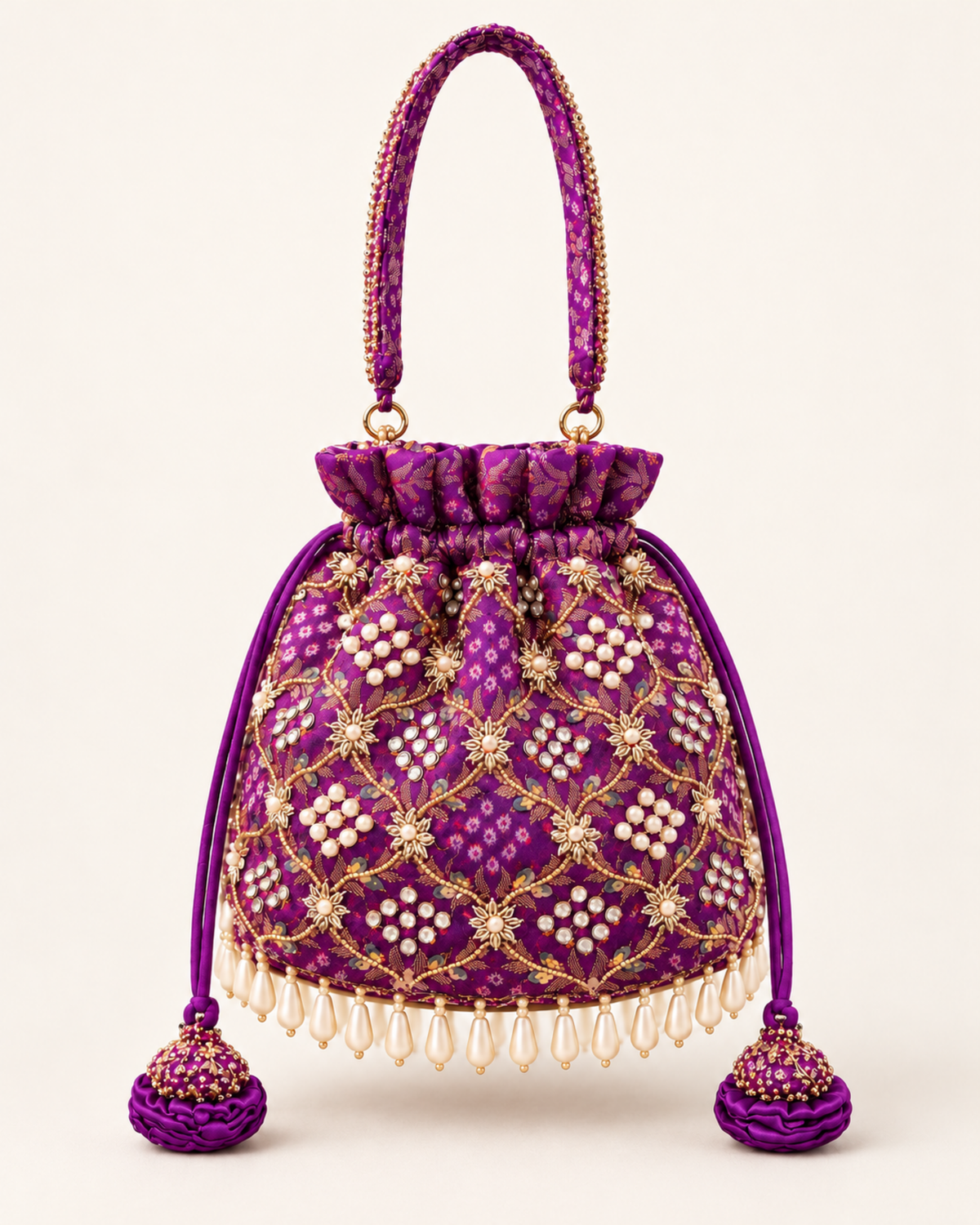 Studio front view of the purple Gulnaar Bandhej potli with gold embroidery, pearl detailing and matching tassels.
