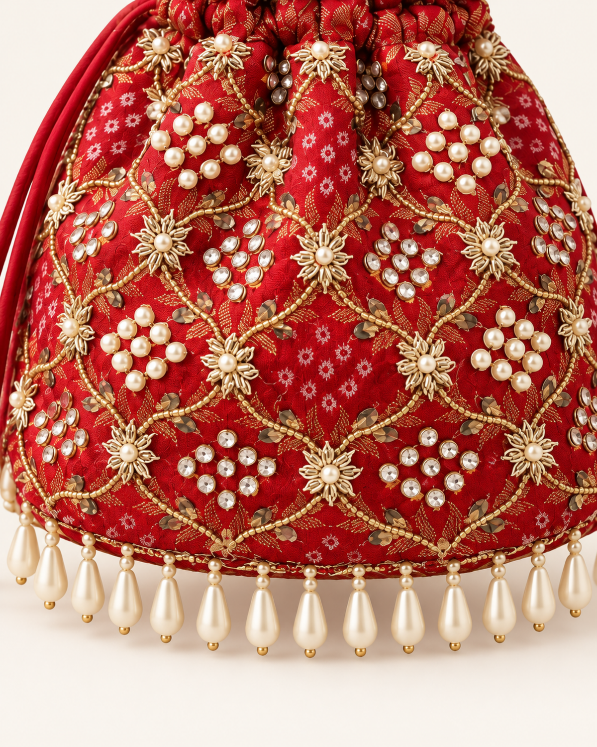Close-up of red Gulnaar Bandhej fabric with gold beadwork, pearl clusters and dangling pearl-drop edging.