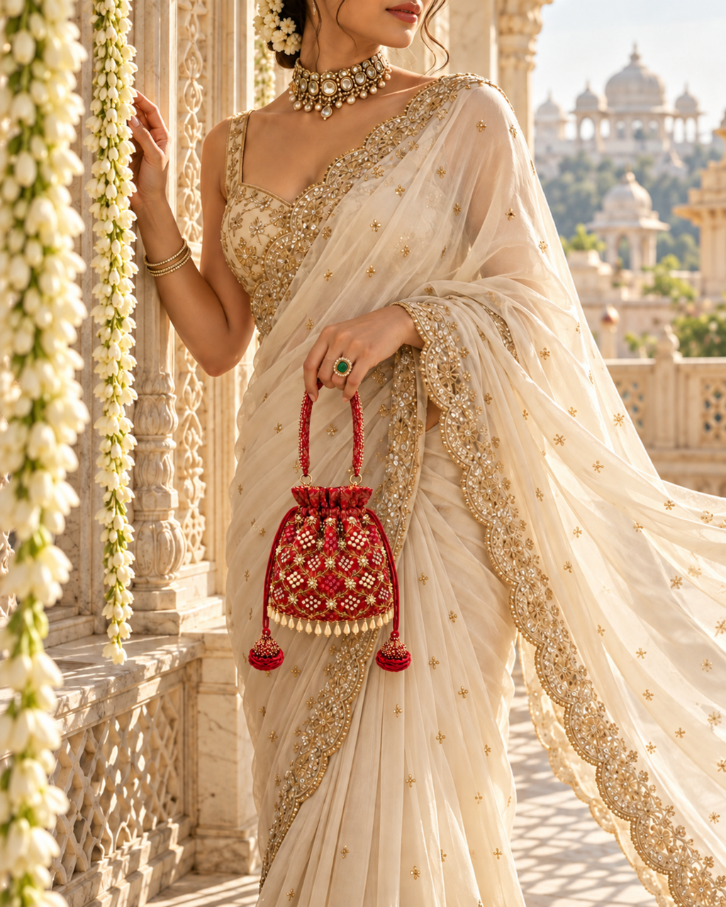 Model in an ivory and gold saree carrying the red Gulnaar potli beside a carved palace doorway.