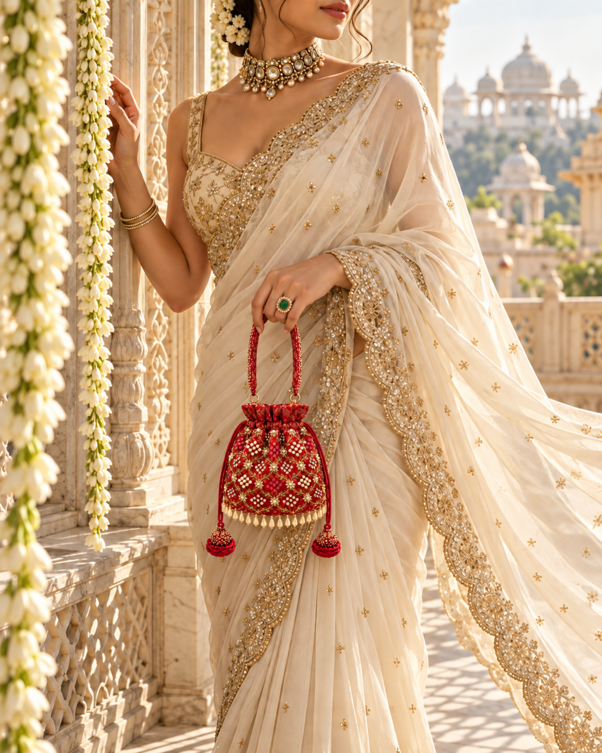 Model in an ivory and gold saree carrying the red Gulnaar potli beside a carved palace doorway.