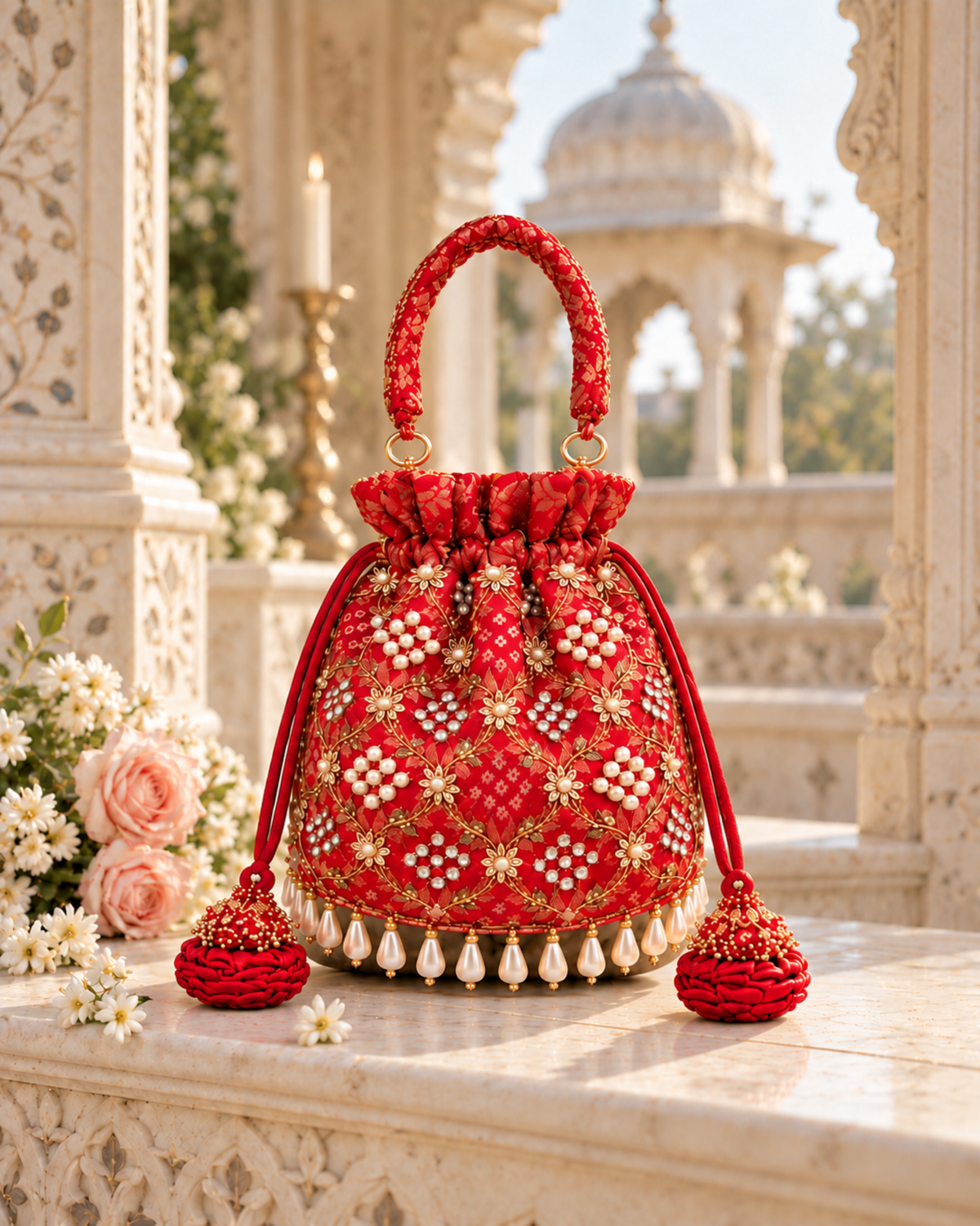 Red Gulnaar Bandhej potli with a short handle, pearl-drop edging and statement tassels on a marble palace ledge.