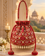 Red Gulnaar embroidered potli with its handle raised, pearl-drop edging and tassels displayed in a palace setting.