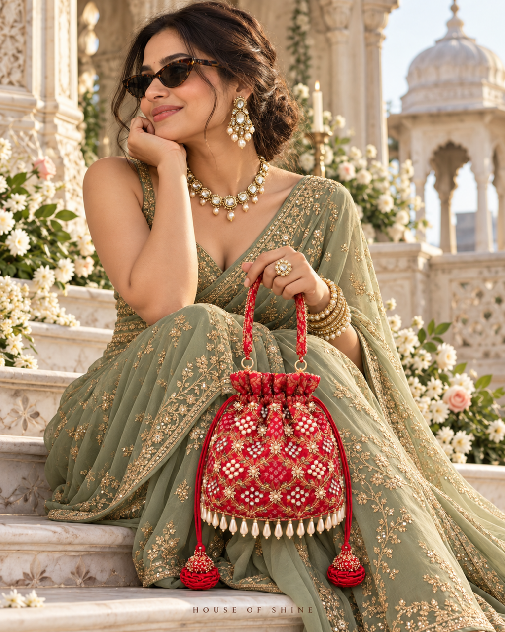 Model in a sage green saree holding the red Gulnaar Bandhej potli by House of Shine on palace steps.