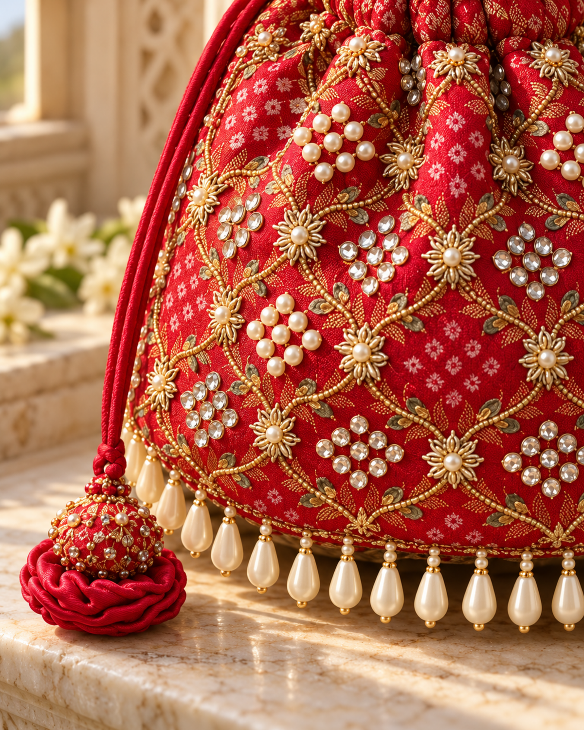 Close-up of the red Gulnaar potli showing gold embroidery, pearl embellishments, pearl-drop edging and a red tassel.
