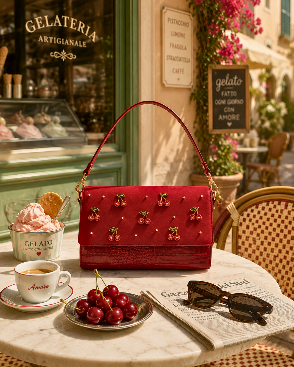 The Amarena luxury embroidered satchel outside an Italian gelateria with espresso and fresh cherries