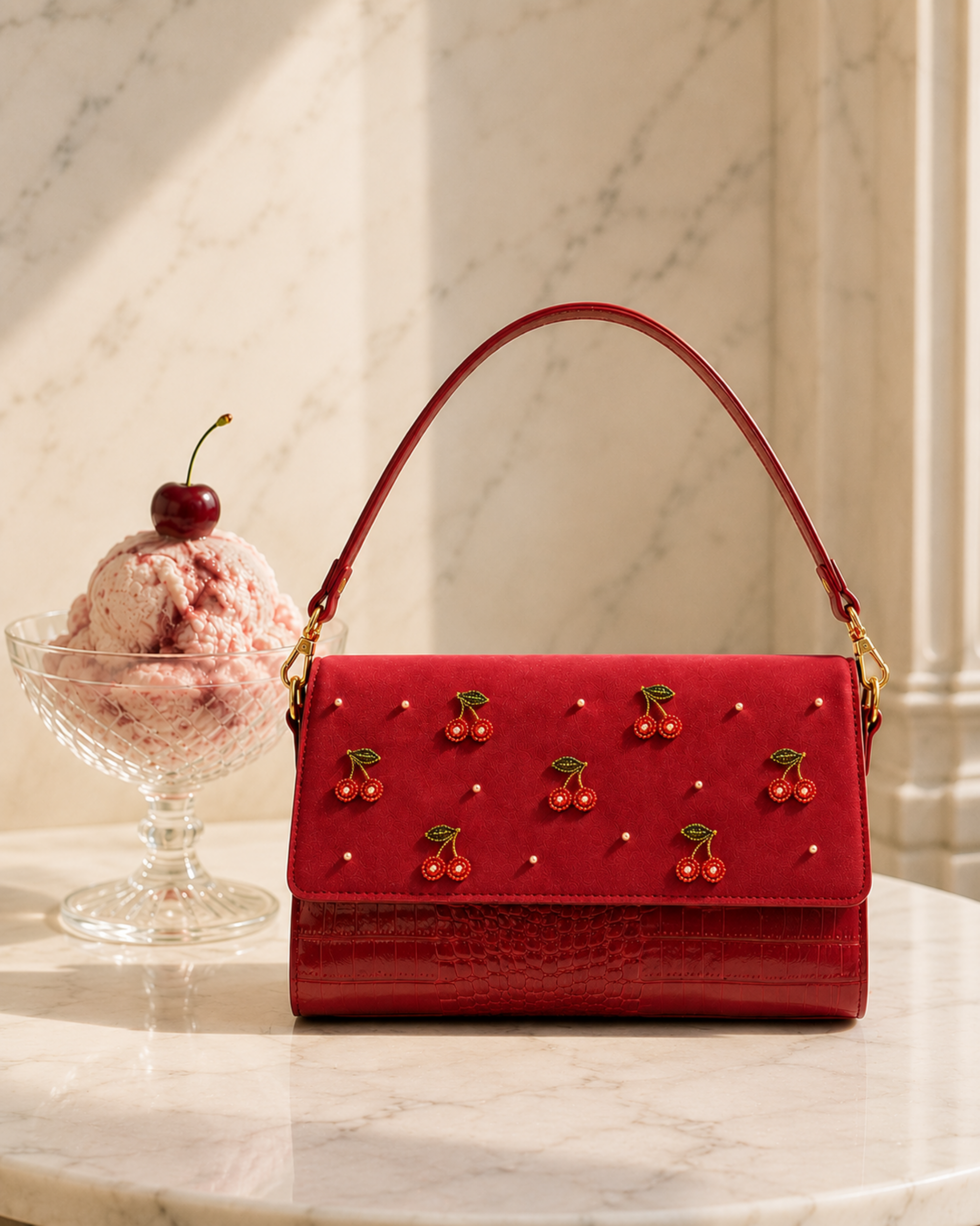 The Amarena hand embroidered designer handbag beside a scoop of cherry gelato on marble