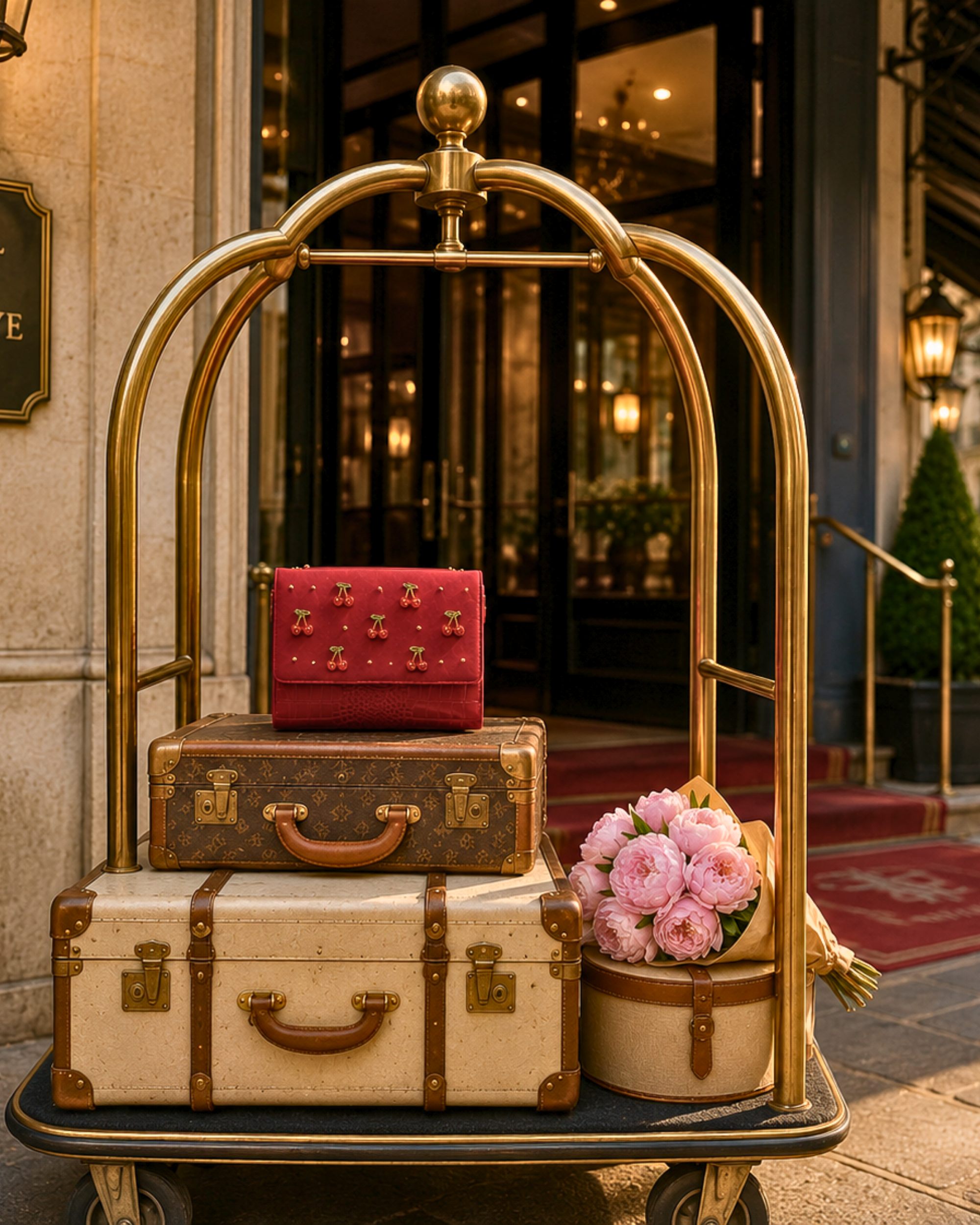 The Amarena embroidered crossbody bag on a hotel luggage cart with vintage trunks and peonies