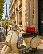 The Amarena luxury handbag India made, styled on a vintage Vespa with the Eiffel Tower in Paris