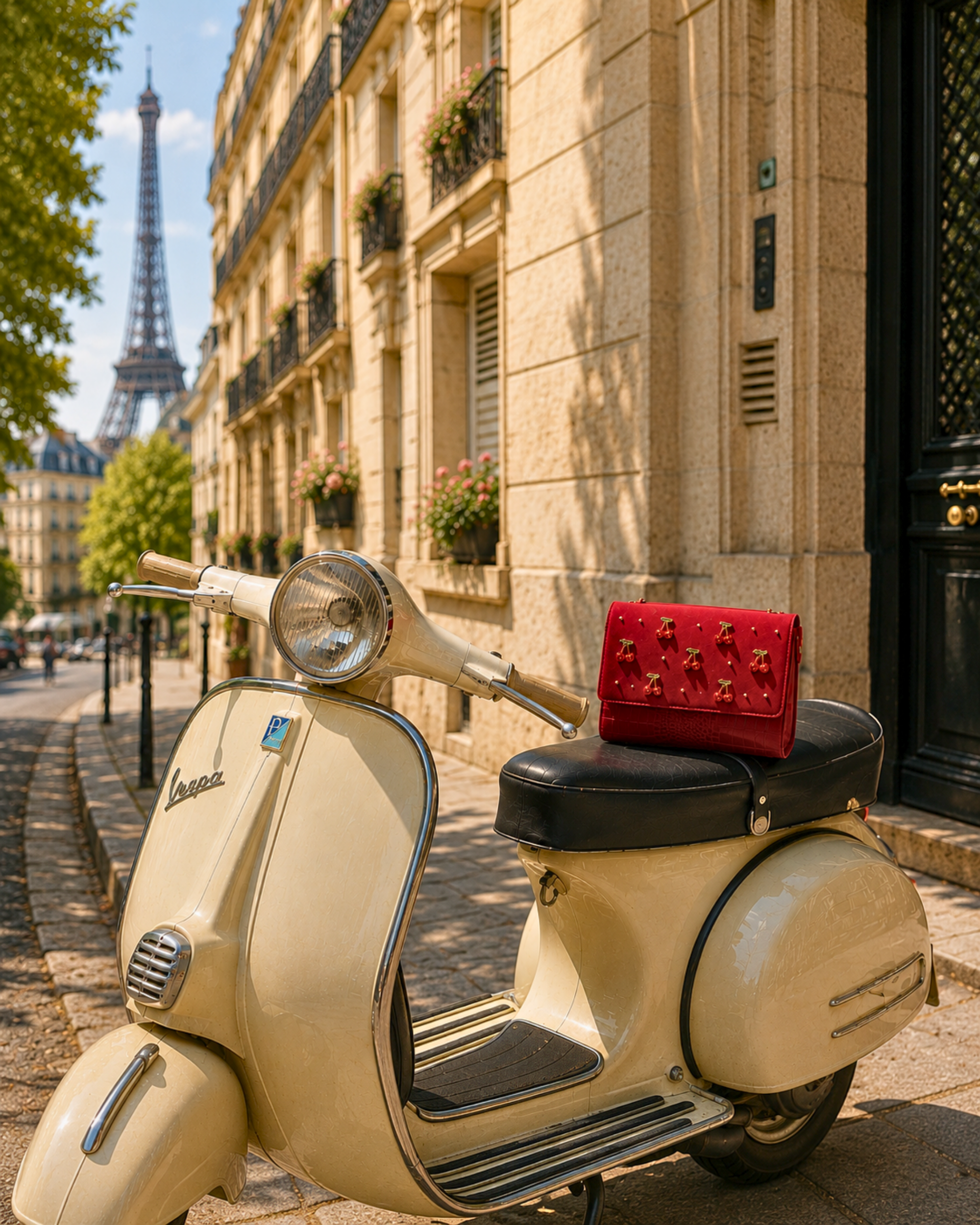 The Amarena luxury handbag India made, styled on a vintage Vespa with the Eiffel Tower in Paris