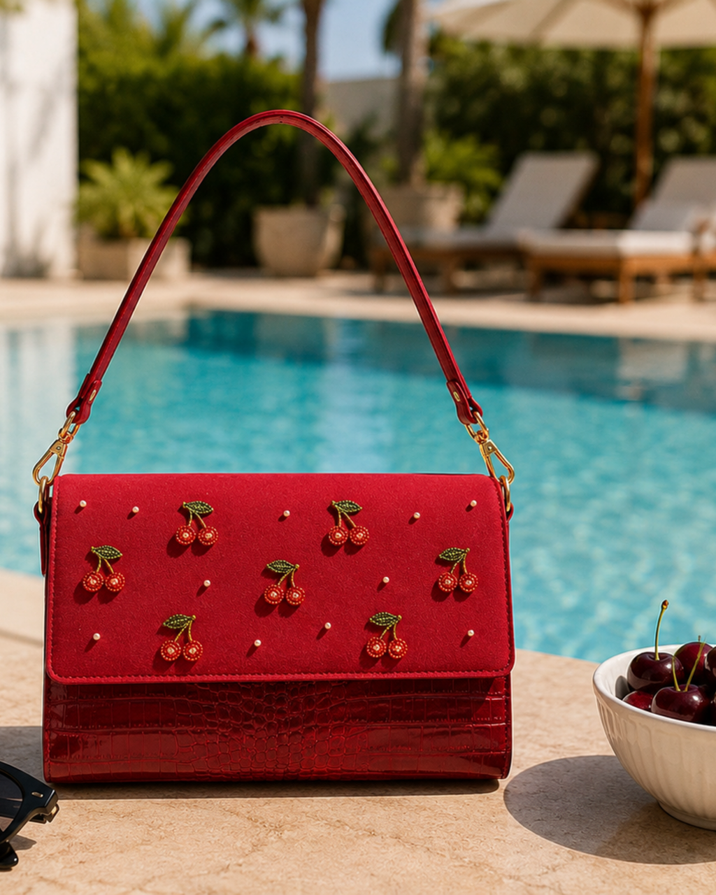 The Amarena luxury embroidered satchel styled poolside beside a bowl of fresh cherries