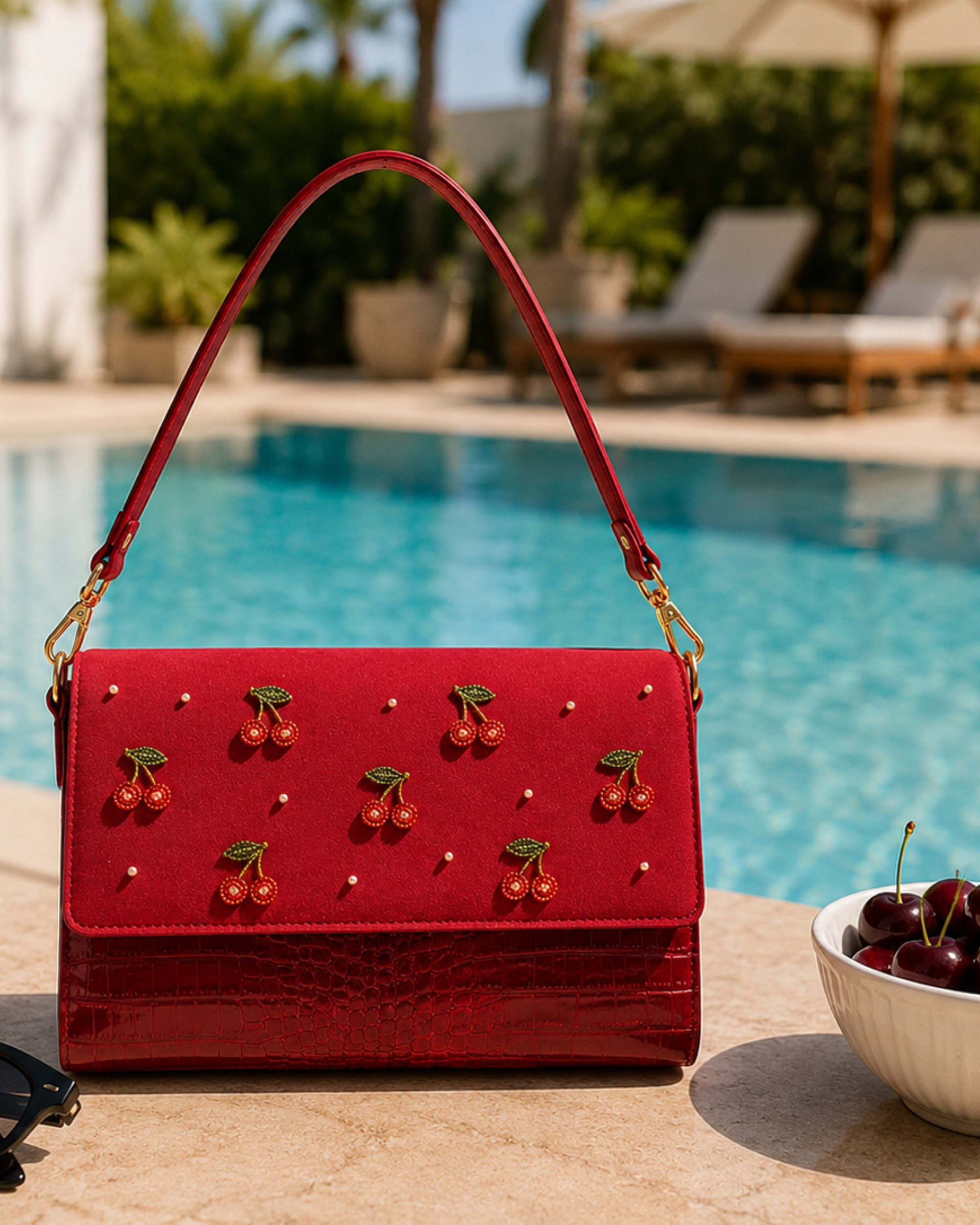 The Amarena luxury embroidered satchel styled poolside beside a bowl of fresh cherries