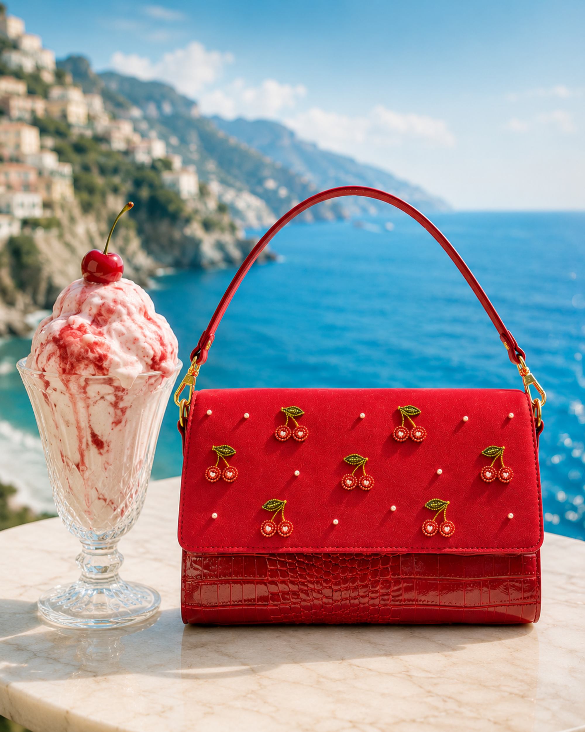 The Amarena luxury handbag India crafted, displayed against the Amalfi coastline beside a cherry gelato