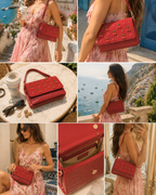 The Amarena luxury embroidered handbag styled across Positano, Italy in a lifestyle photo collage