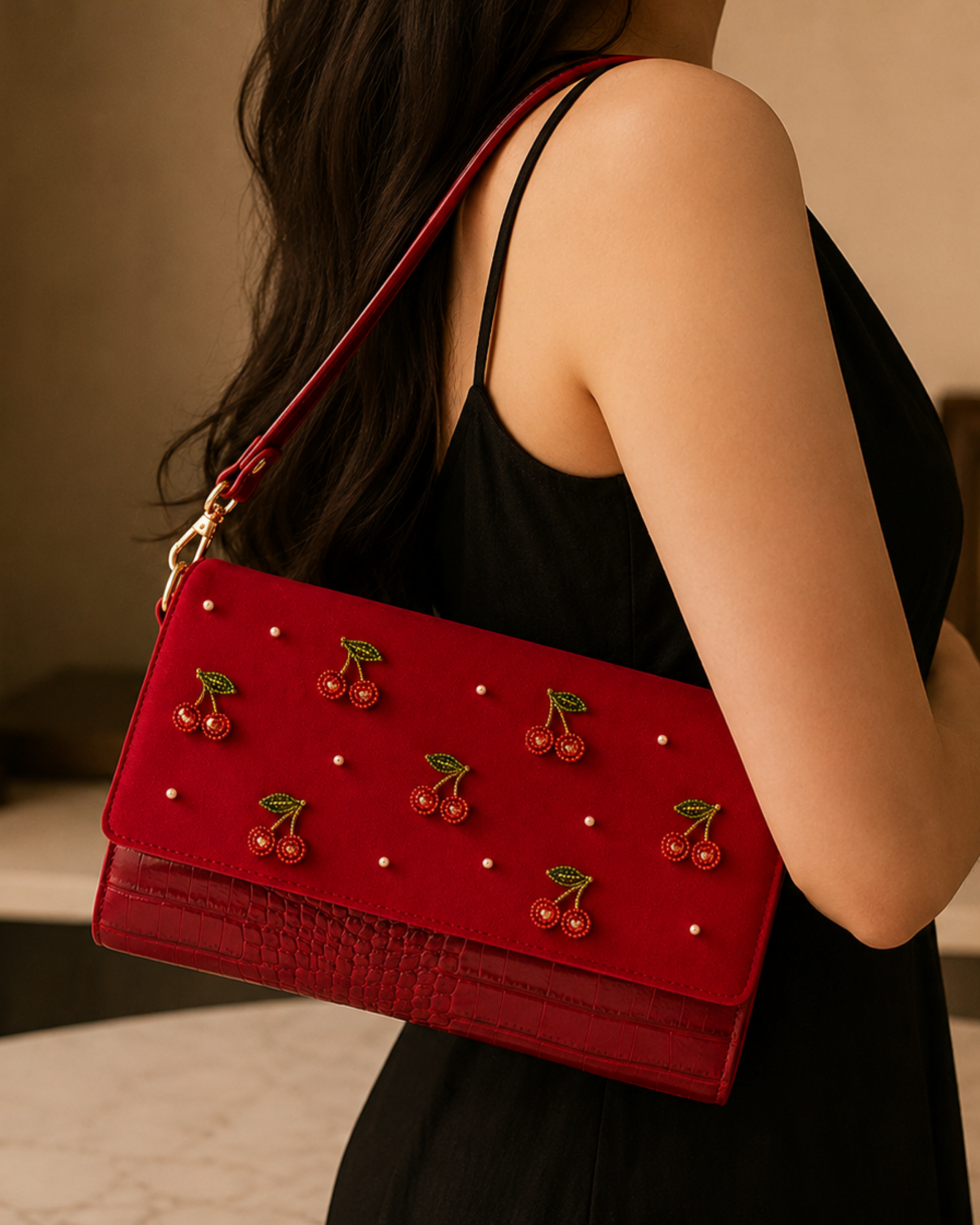 Woman carrying The Amarena, a luxury embroidered handbag with hand beaded cherry motifs, crafted by Indian artisans
