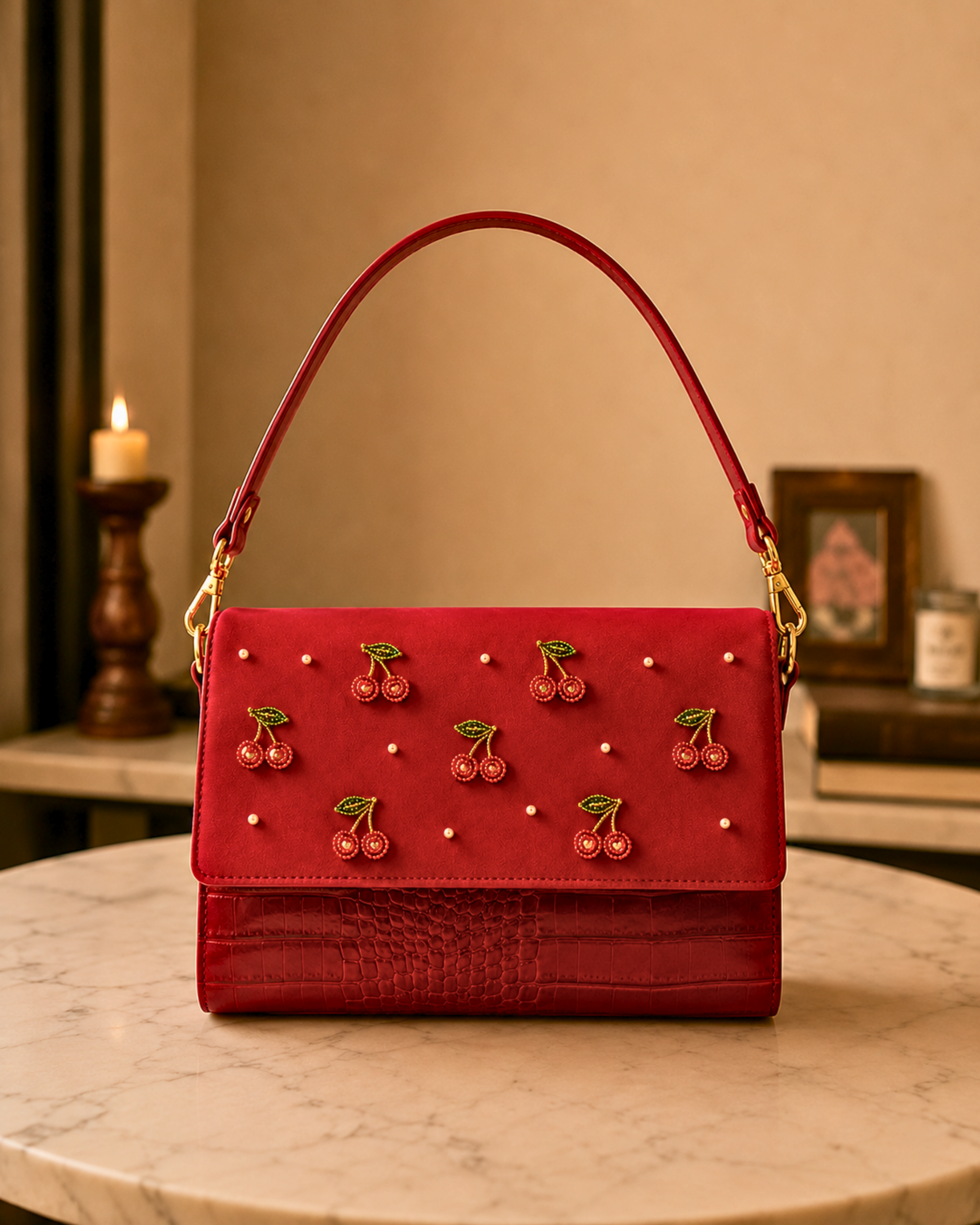 The Amarena hand embroidered bag India craftsmanship, studio product shot with cherry beading detail