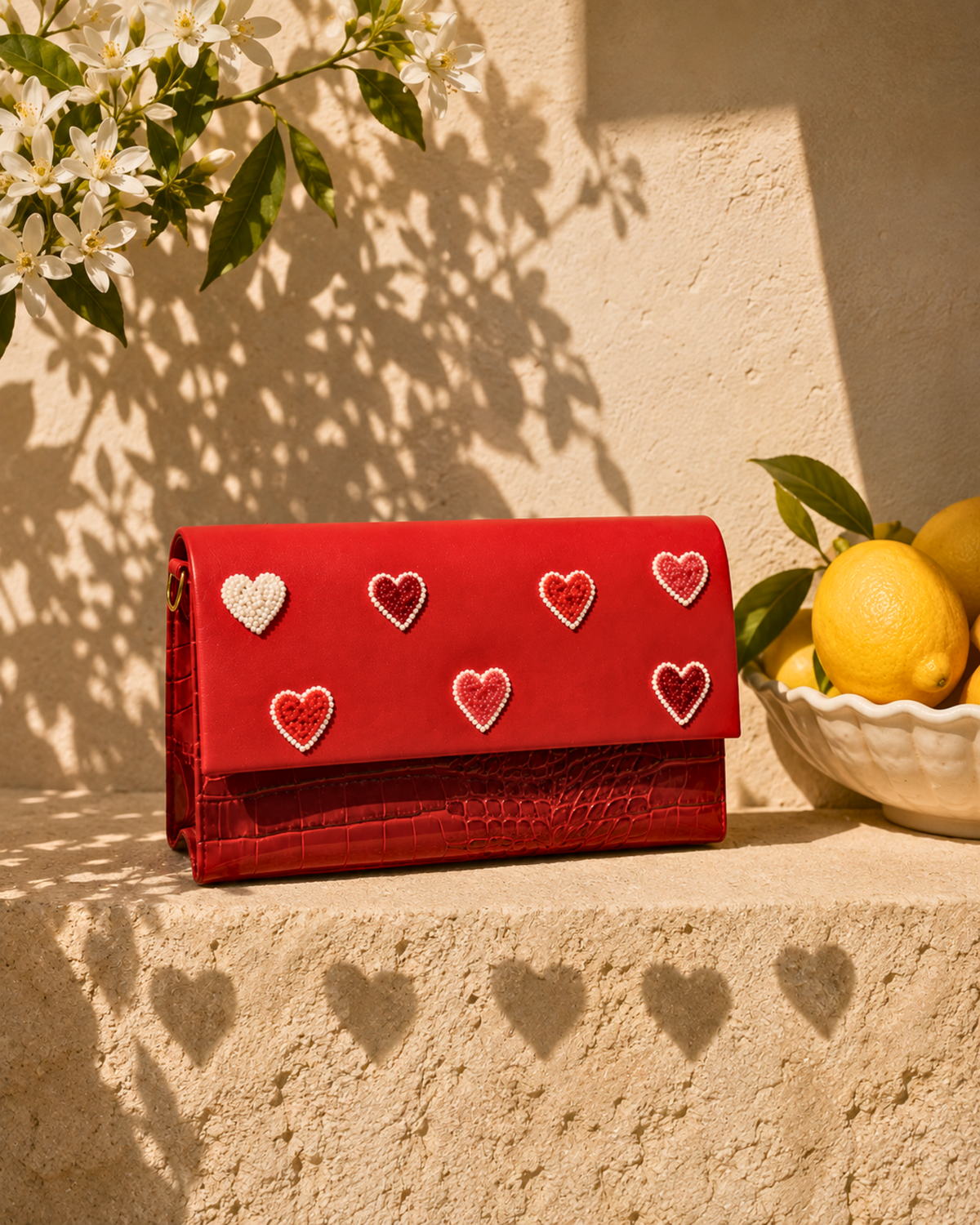 Amore structured red mini bag with hand-beaded heart motifs and croc-textured leather detailing