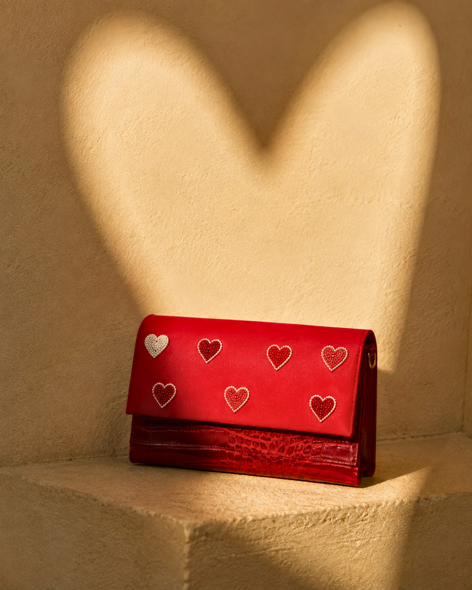 Amore red embroidered mini bag beneath a heart-shaped beam of warm sunlight