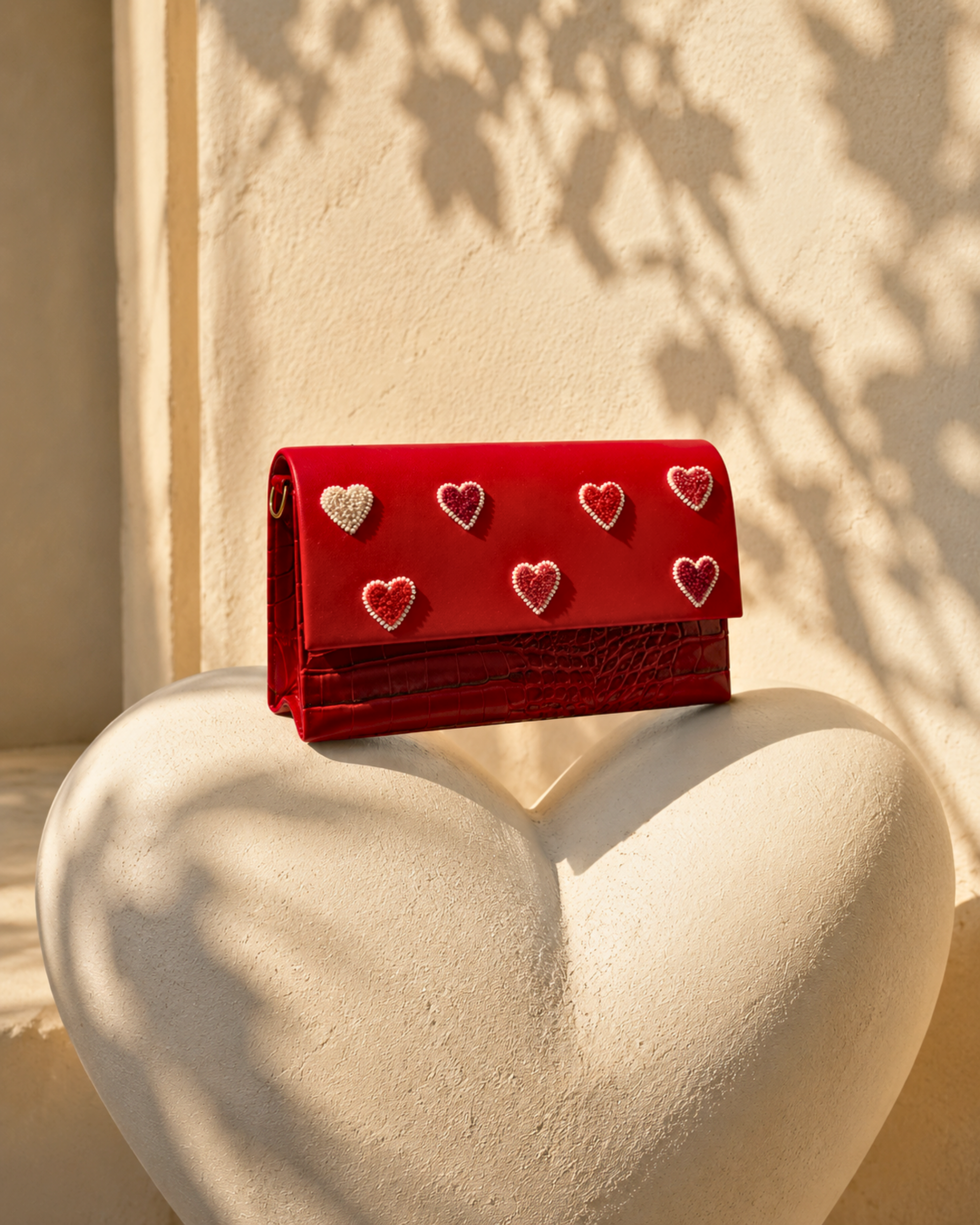Amore red heart embroidered mini bag by The House of Shine displayed on a sculptural heart pedestal