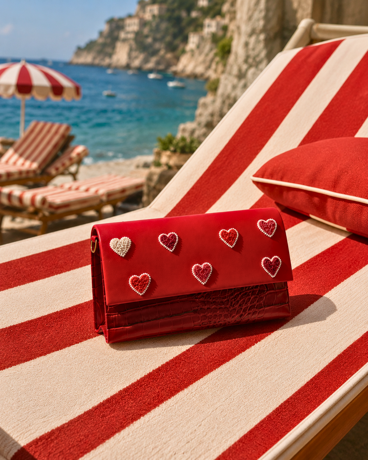 Amore red embroidered mini bag styled on a red and white striped lounger at an Italian beach club
