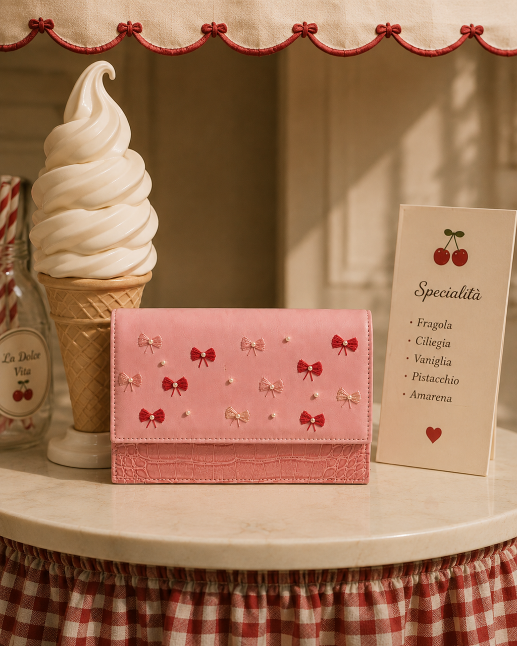 Bambola structured pink mini bag with hand-embroidered blush and red bows, styled beside a vintage gelato display.