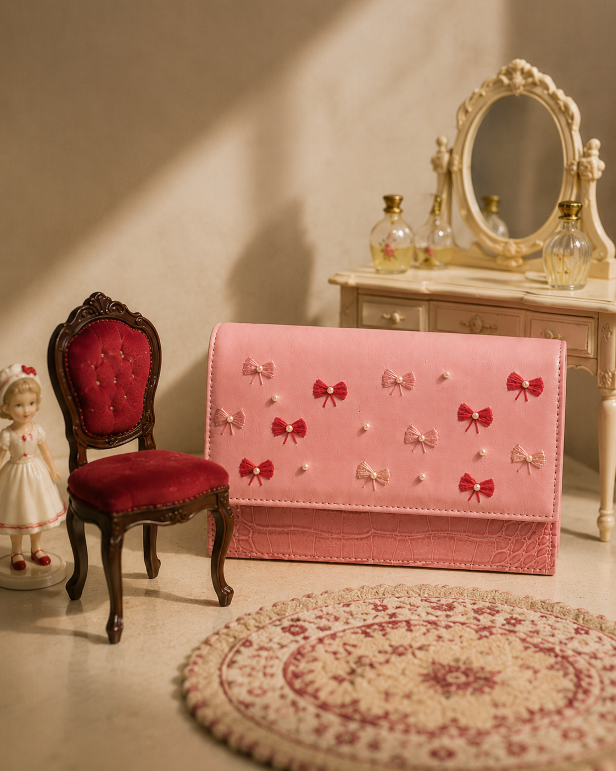 Bambola pink structured mini bag by The House of Shine with hand-embroidered bows and pearl accents, styled in a miniature dollhouse setting.