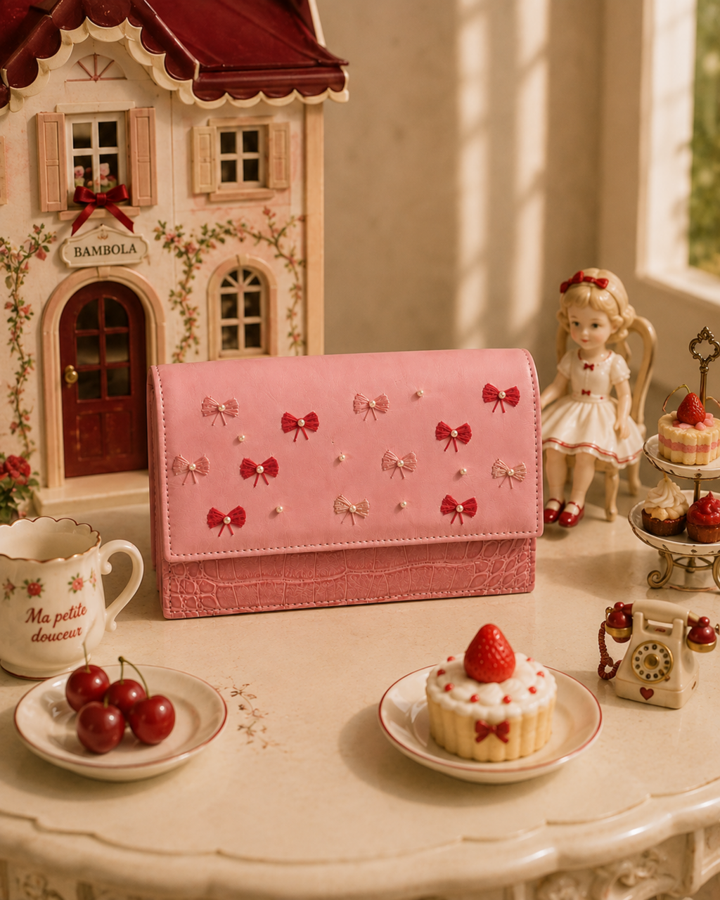 Bambola pink hand-embroidered mini bag styled in a whimsical dollhouse tea-party scene with cherries and a strawberry dessert.
