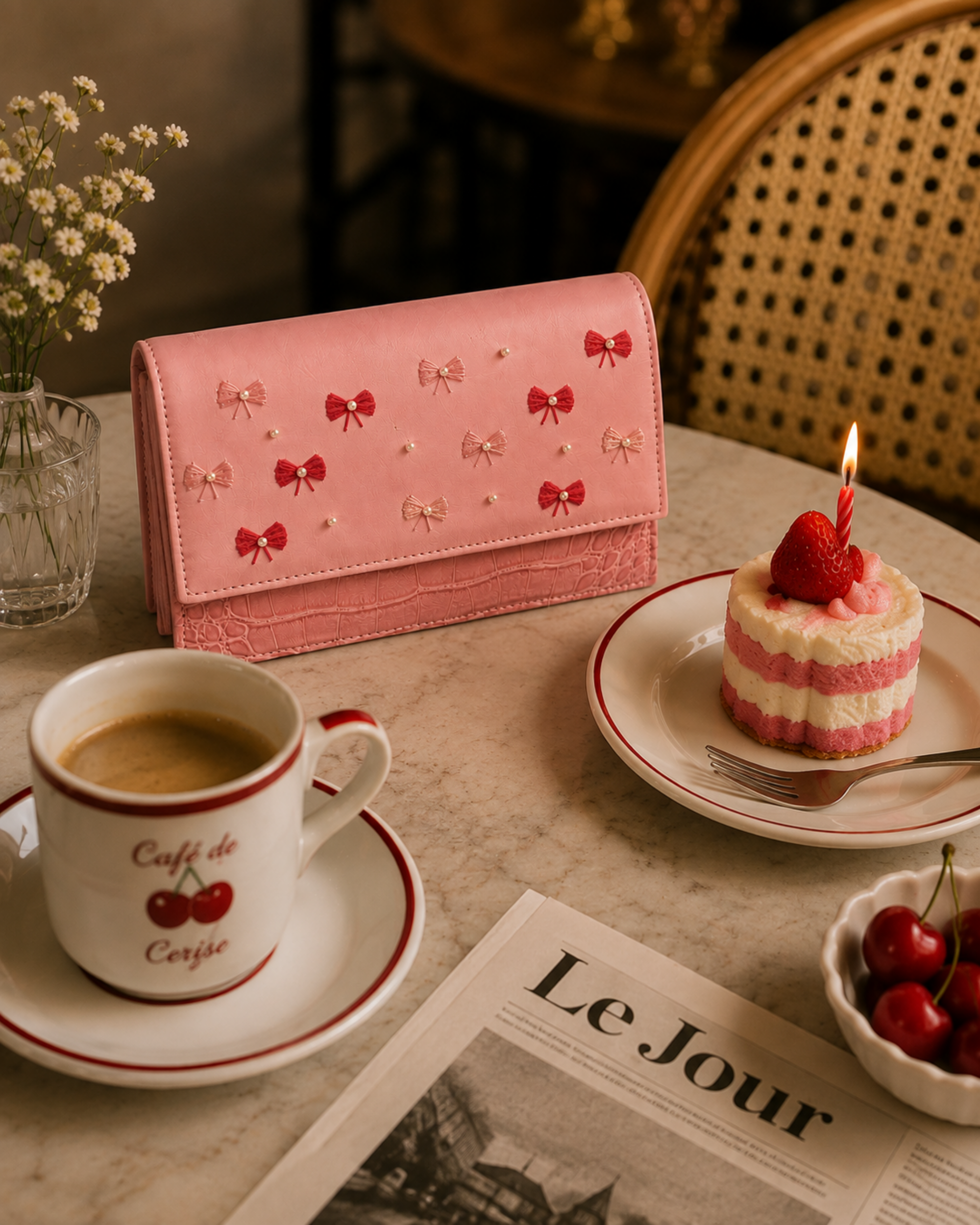 Bambola pink embroidered mini bag styled on a café table with coffee, strawberry cake and cherries.