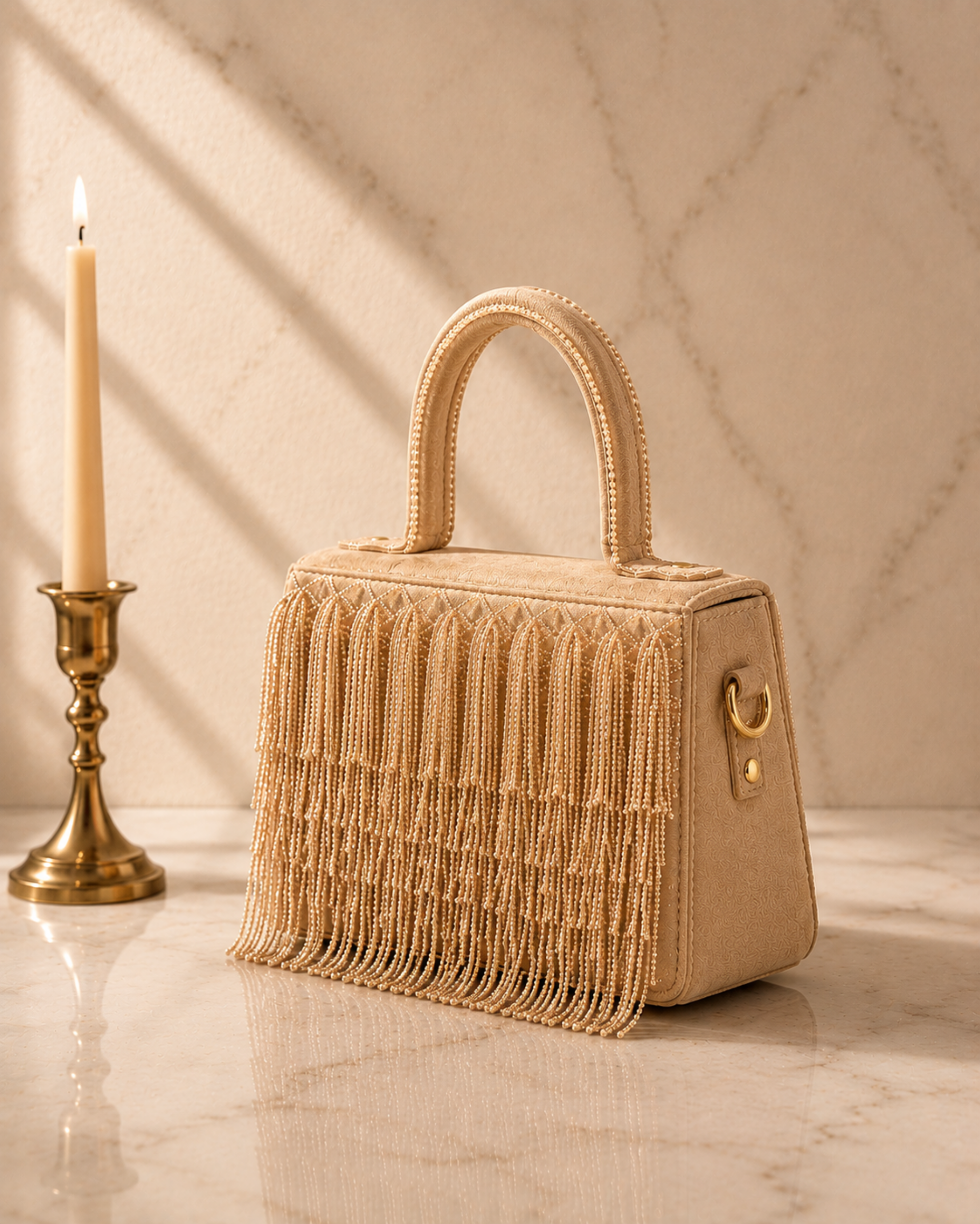 Beige Cascade Satchel with fringe embroidery beside a lit taper candle