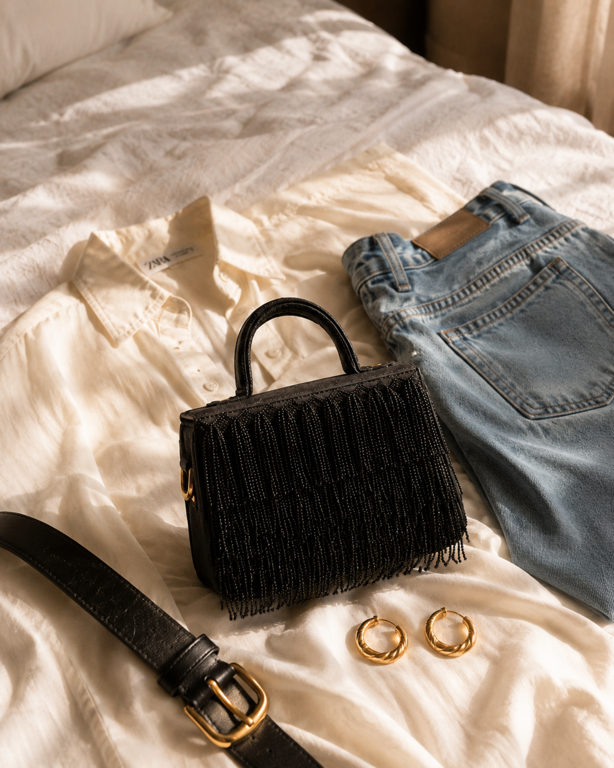 Black Cascade Satchel styled in a flatlay with denim, belt, and gold hoop earrings