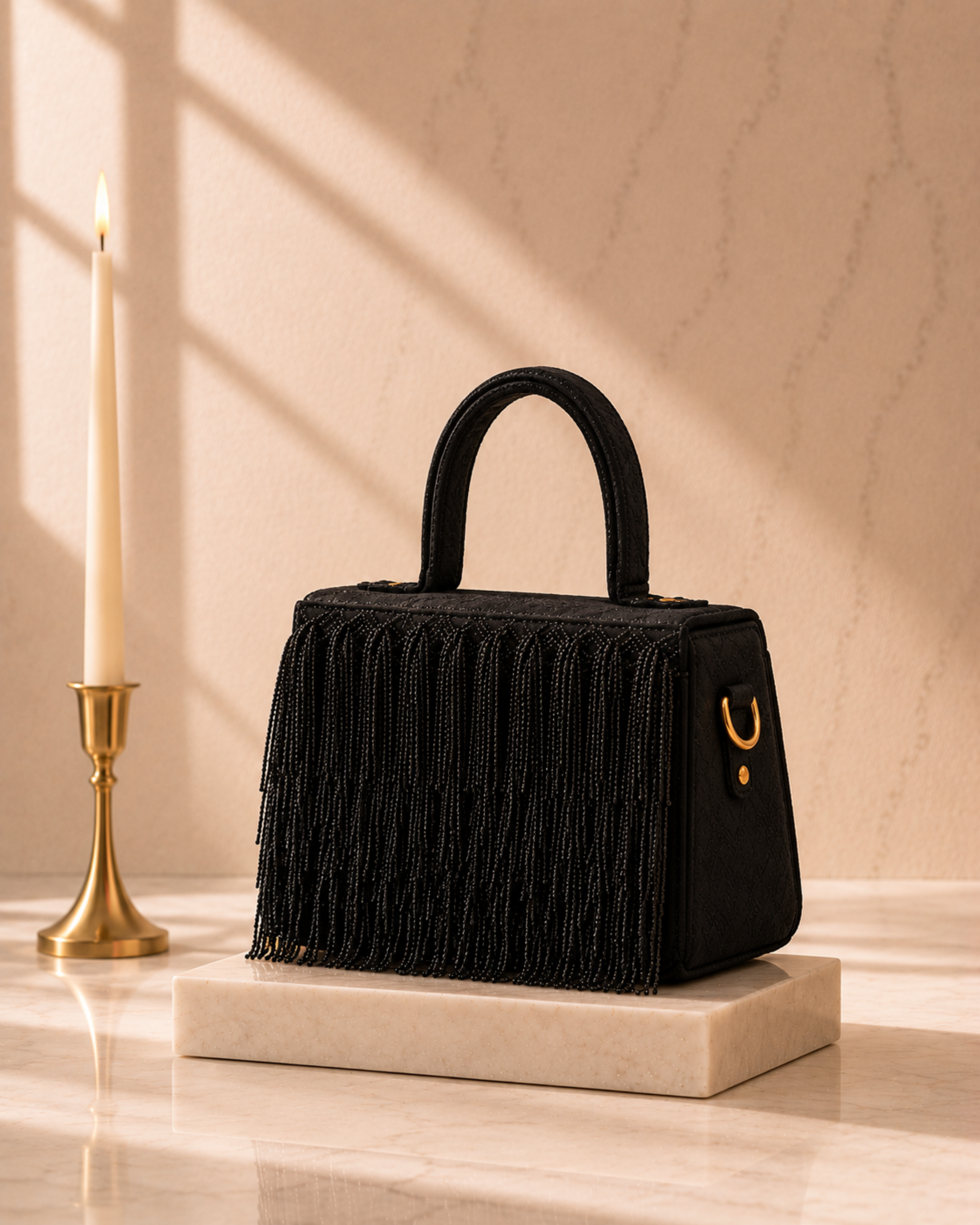 Black Cascade Satchel with beaded fringe embroidery, side profile beside a taper candle